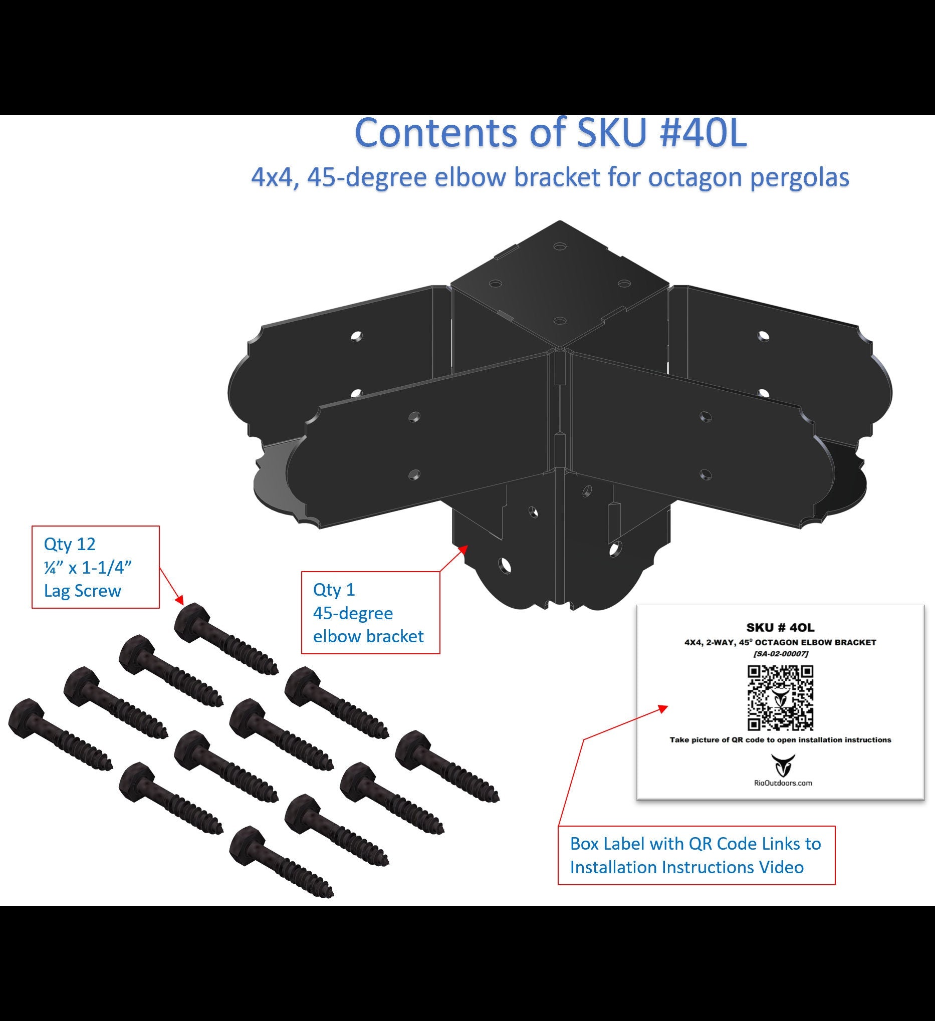 Contents of SKU #4OL octagon elbow showing a 45 degree metal corner bracket and lag screws