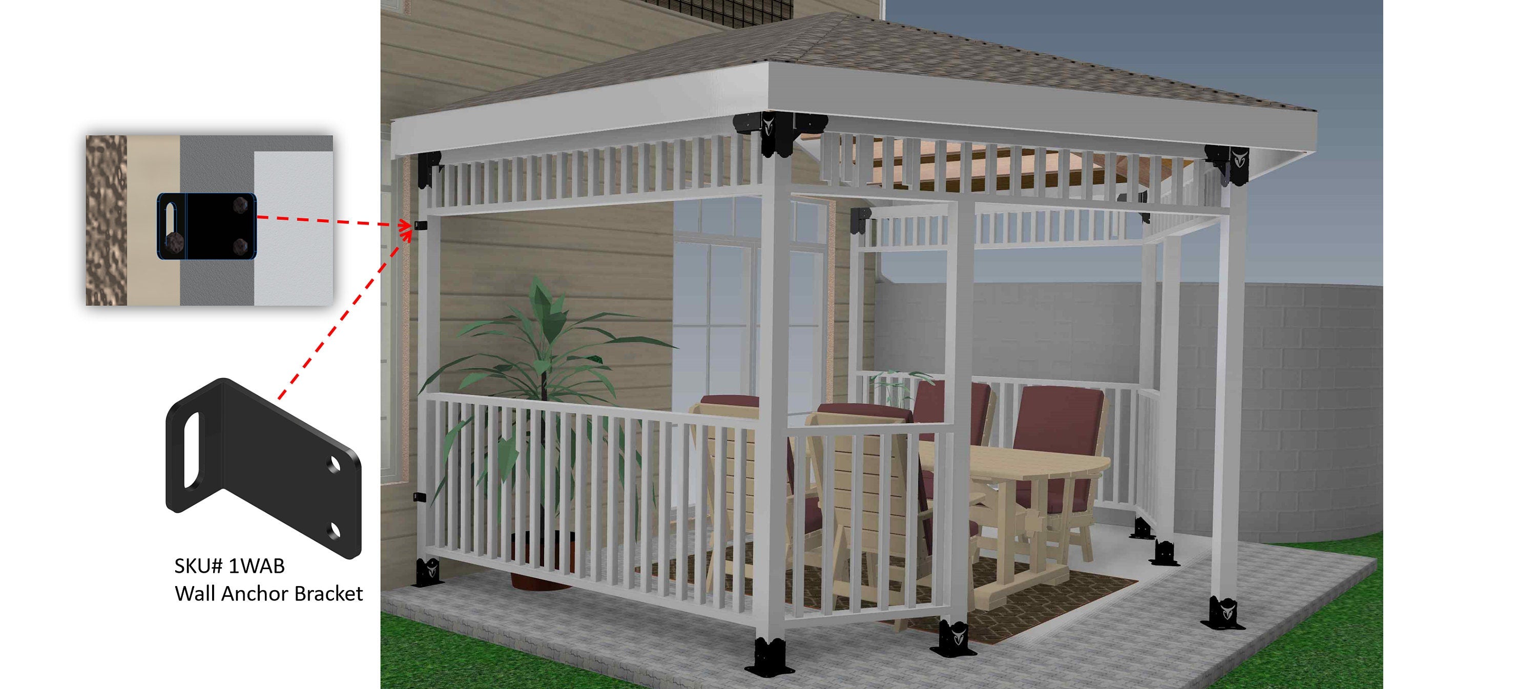 This outdoor installation shows a patio gazebo equipped with wall anchor brackets, providing stability and support for a comfortable gathering space.