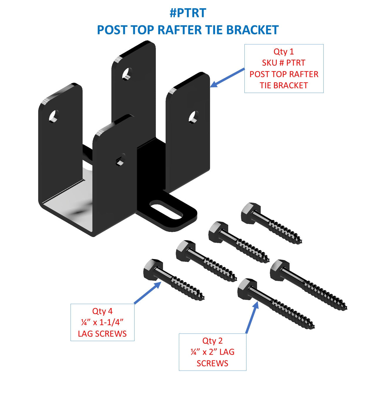 A construction set includes a post top rafter tie bracket alongside both ½ inch by 2 inch and 1¼ inch lag screws, aimed at structural support in building projects.