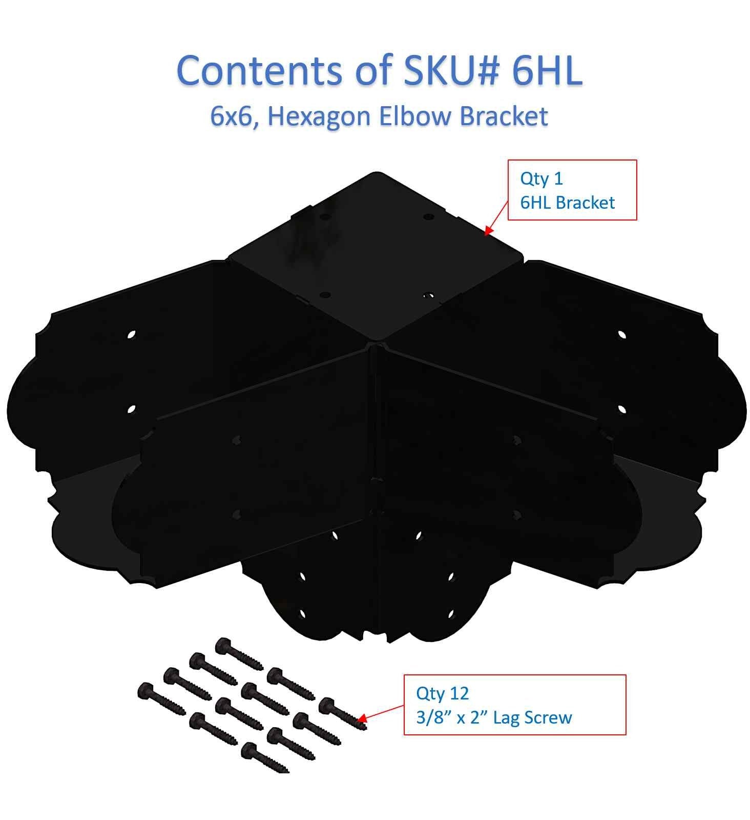 Contents of SKU #6HL showing a 60 degree metal corner bracket and lag screws