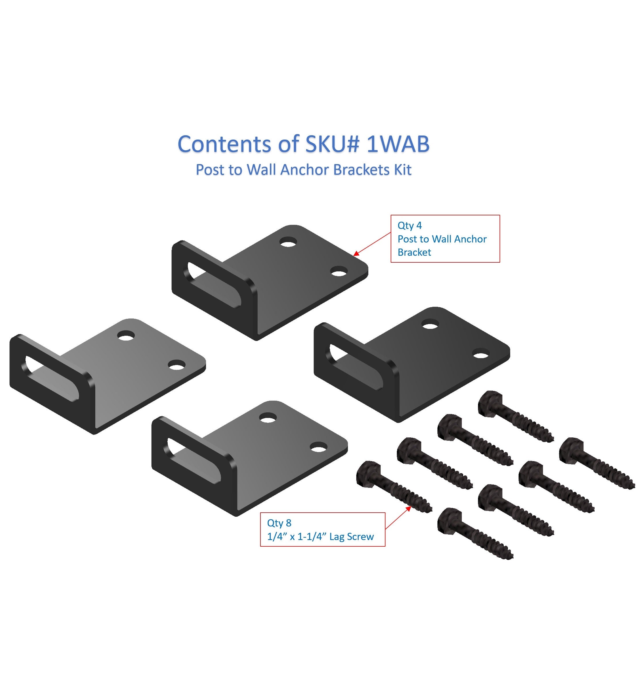 This kit includes four metal brackets designed to securely attach vertical posts to walls, complemented by eight sturdy lag screws for easy installation.