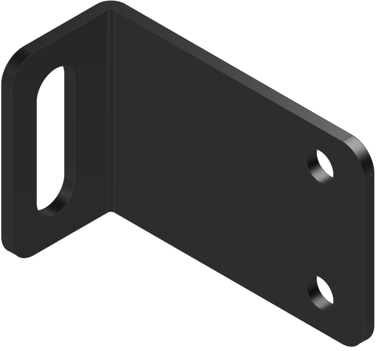 This durable black metal bracket is designed for mounting purposes and features two holes for secure attachment. The slot allows for easy installation in various projects.