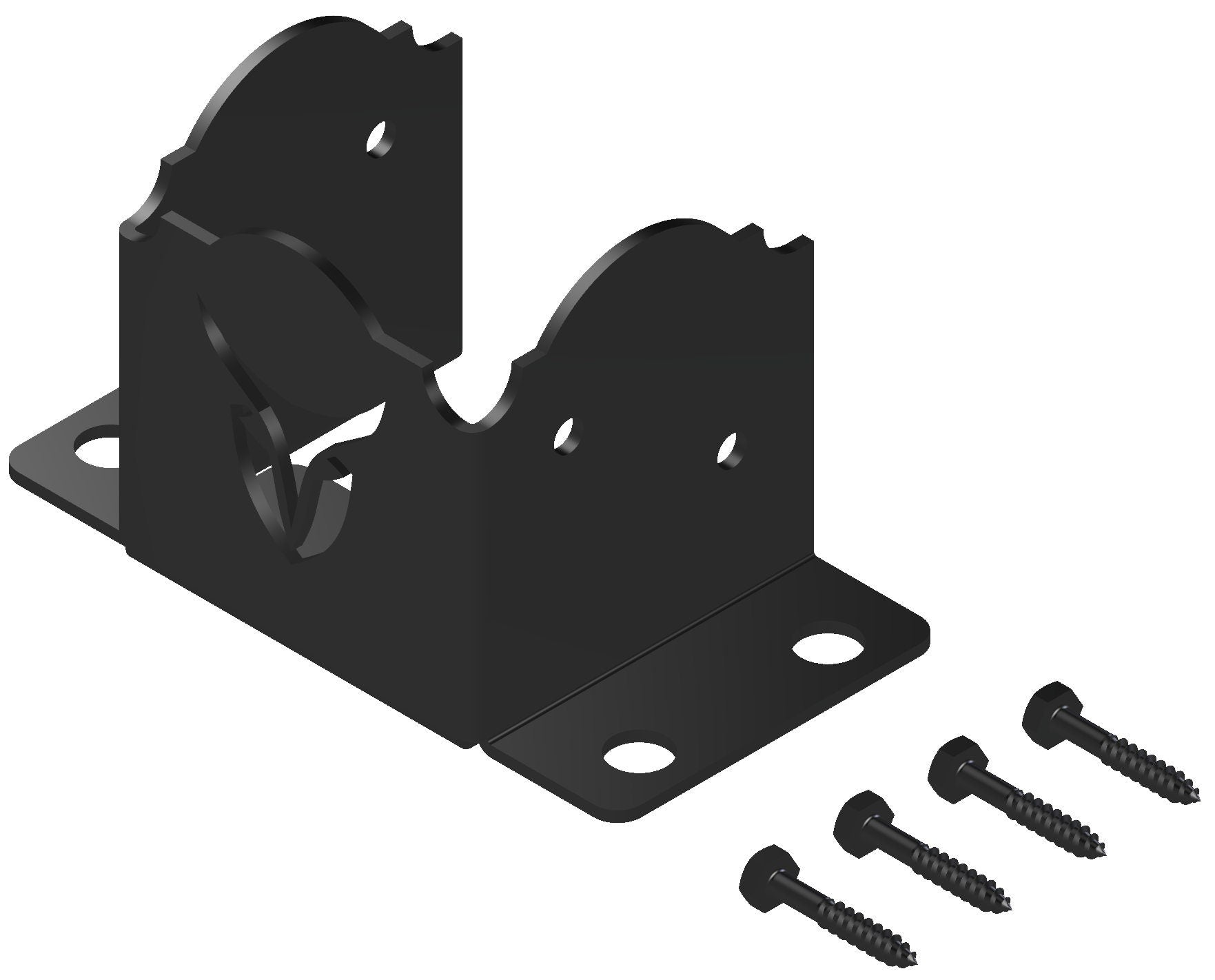 Black metal bracket with screws, ideal for a 6x6 post, emphasizing robust construction and reliable support.