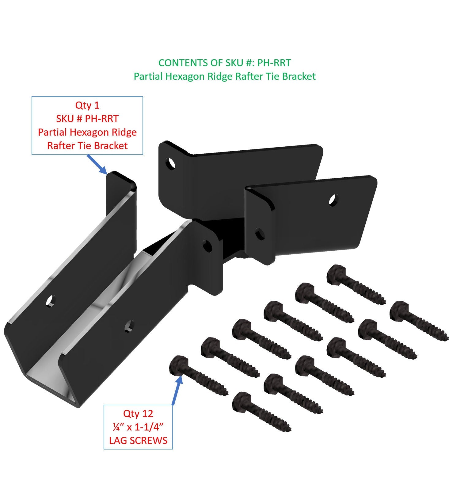 The image shows a partial hexagon ridge rafter tie bracket along with a set of lag screws, essential for enhancing the structural integrity of roofs in construction.