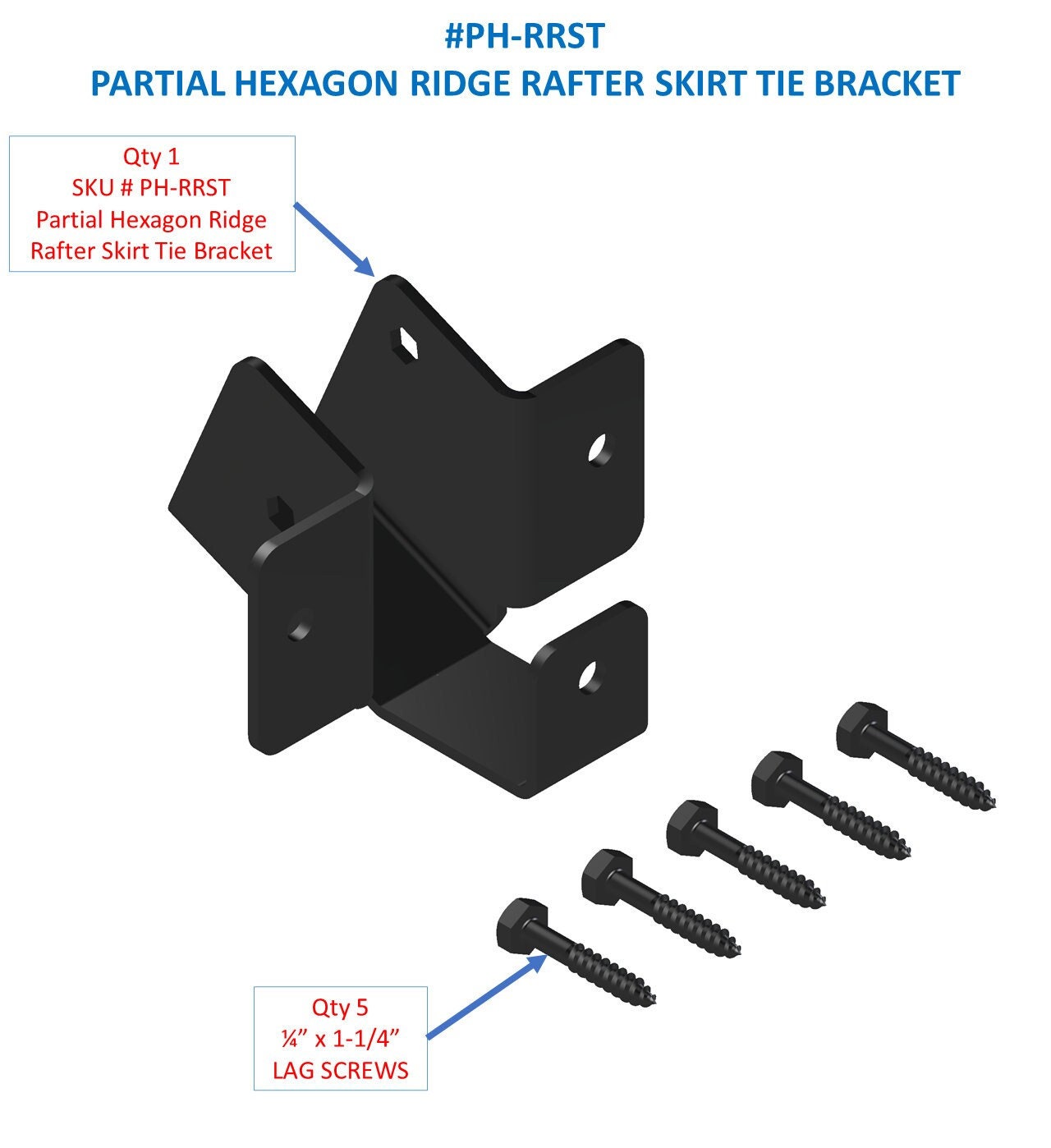 A detailed illustration of a partial hexagon ridge rafter skirt tie bracket, including the bracket and four lag screws, ideal for various construction applications.