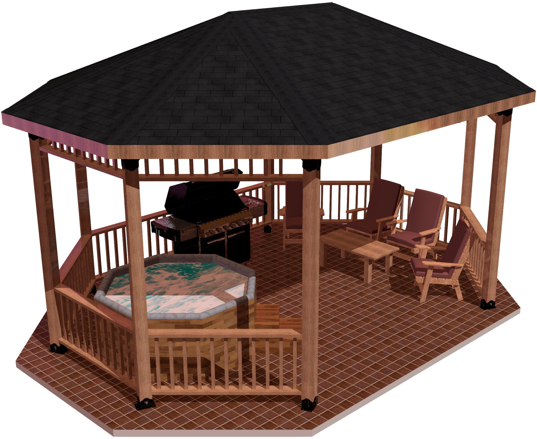 A linear octagon gazebo equipped with a grill and a table, ideal for enjoying meals in a serene outdoor setting.