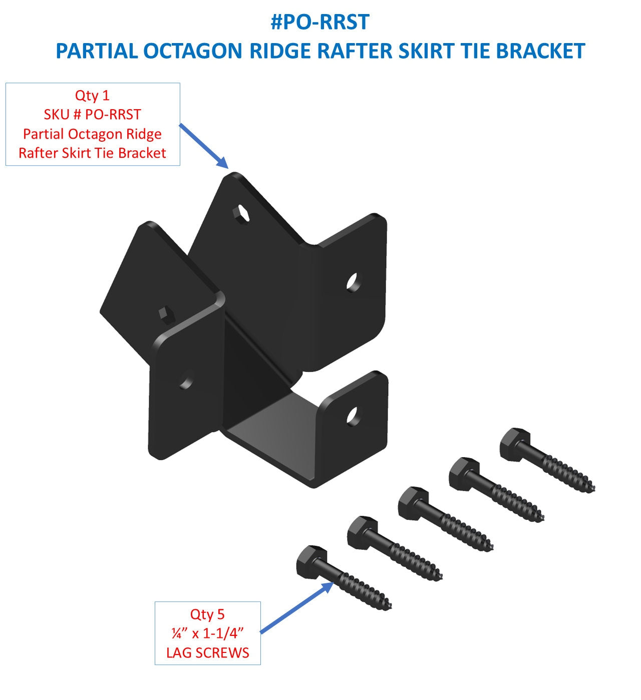 A detailed illustration of a partial octagon ridge rafter skirt tie bracket, including the bracket and four lag screws, ideal for various construction applications.