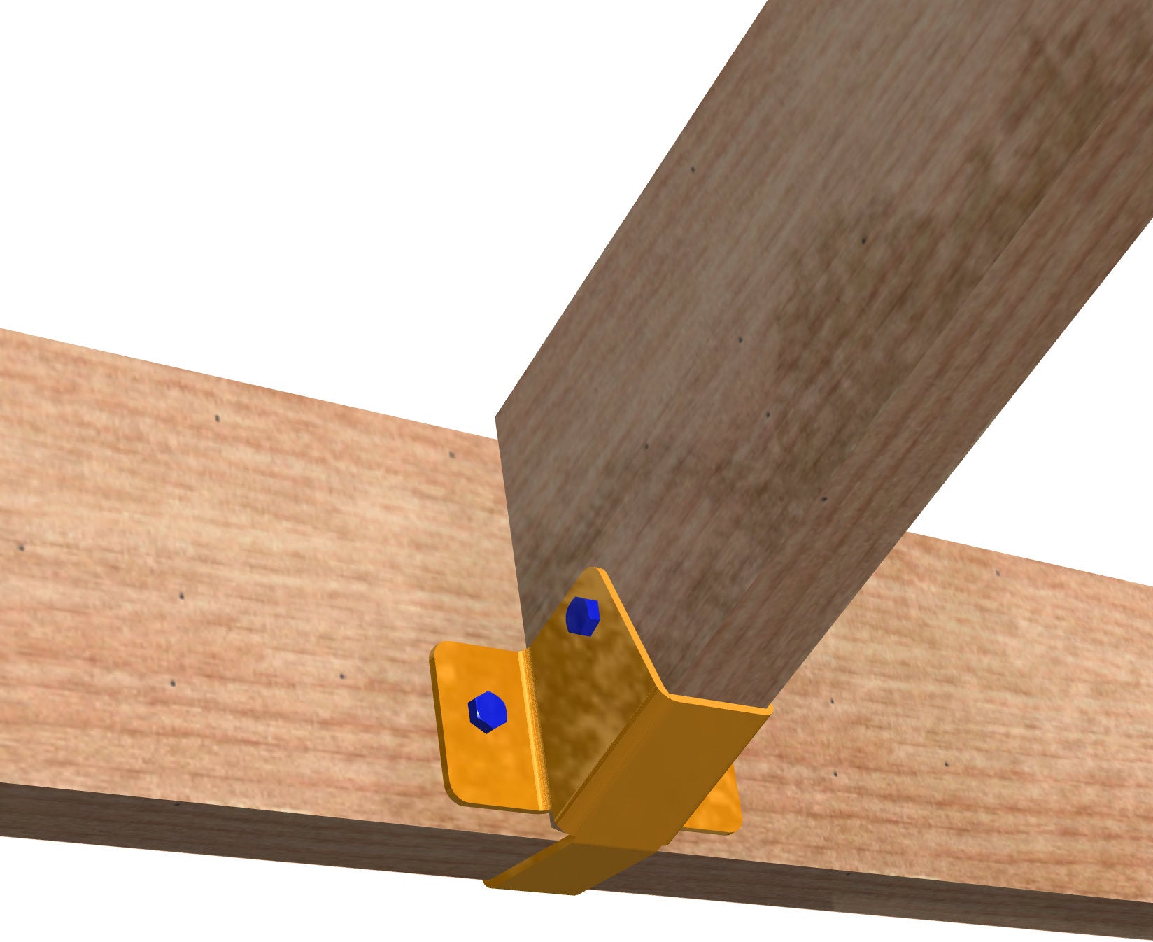 a metallic bracket is securely fastened to a wooden beam, providing sturdy support in a construction workshop environment, demonstrating functional design.