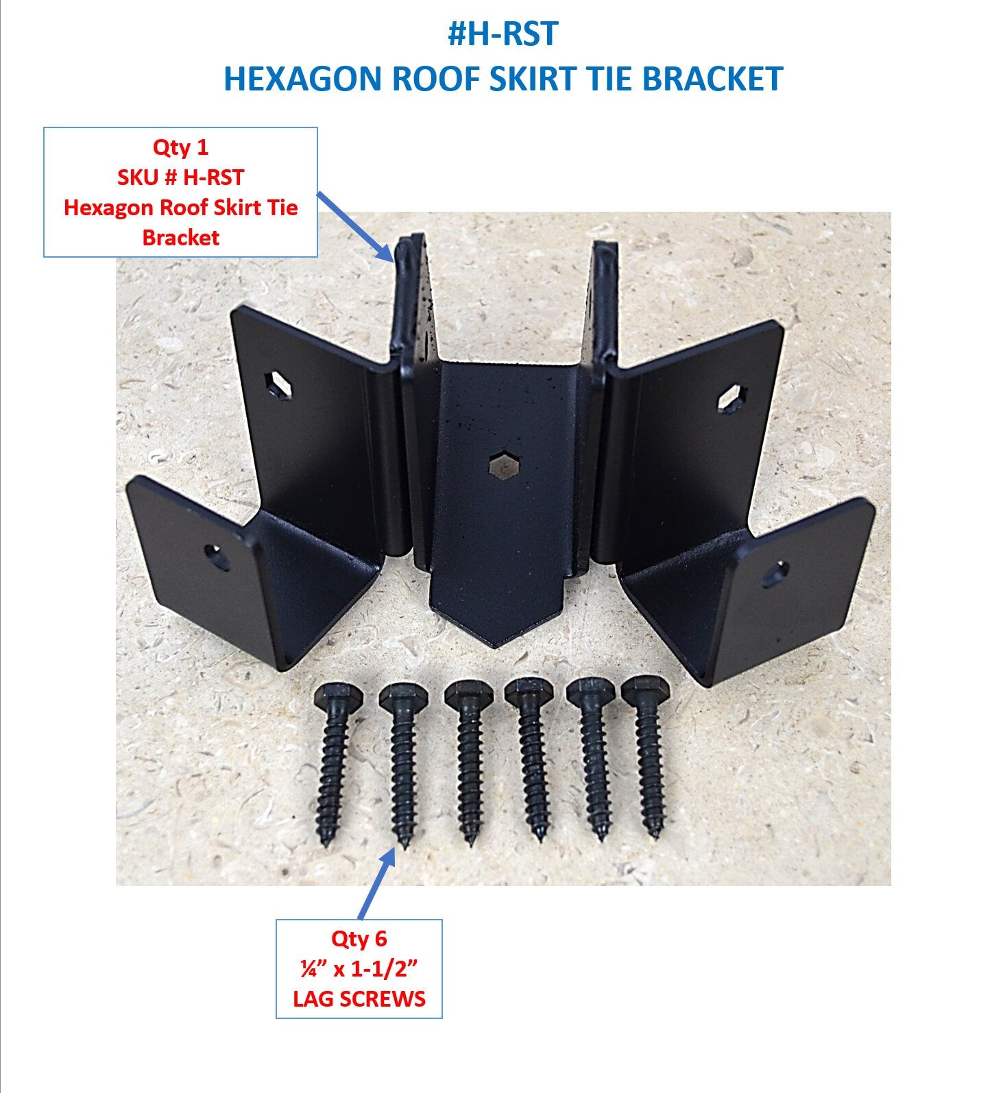 The hexagon roof skirt bracket is displayed, with clear labels outlining the quantity and type of screws needed for secure installation. Ideal for construction projects.