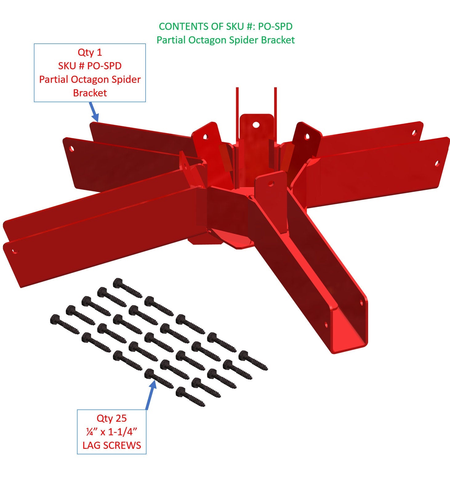 A partial octagon spider bracket is accompanied by a pack of lag screws, clearly labeled for an assembly project, designed for easy installation.