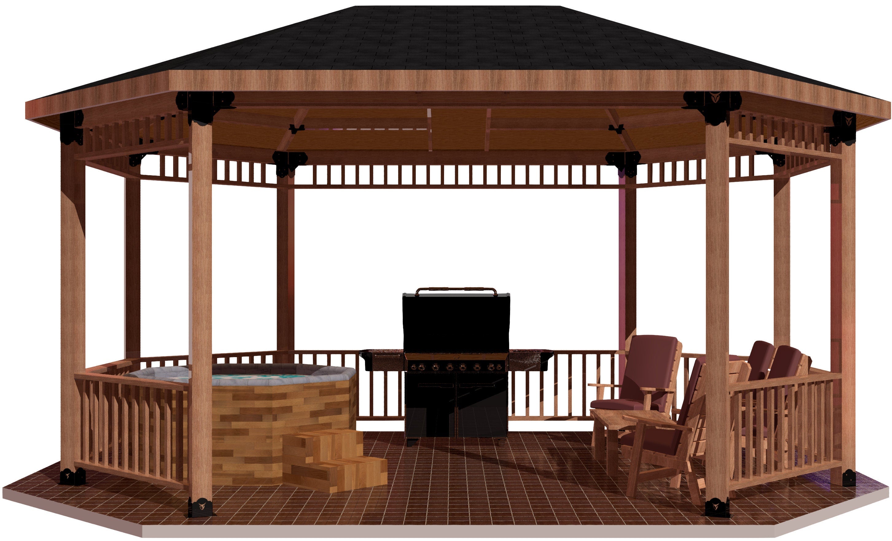 A linear octagon gazebo equipped with a grill and a table, ideal for enjoying meals in a serene outdoor setting.