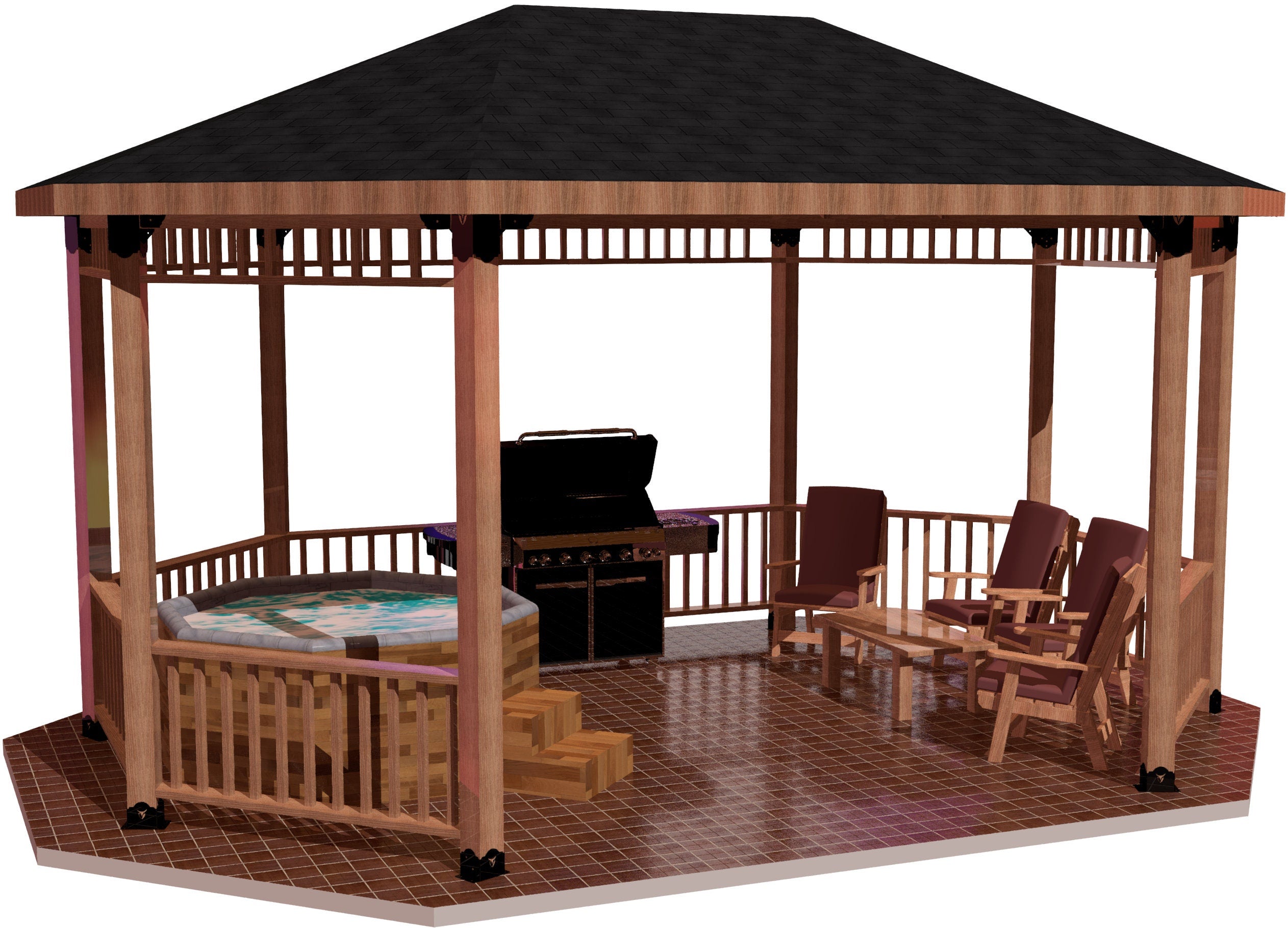 A linear octagon gazebo equipped with a grill and a table, ideal for enjoying meals in a serene outdoor setting.