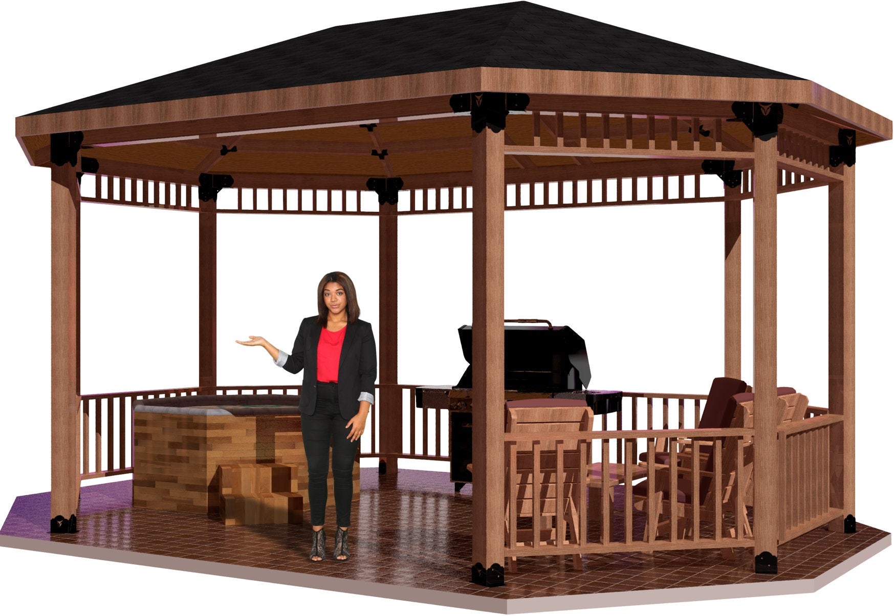 A woman stands gracefully in front of a linear octagon gazebo, showcasing its elegant architectural design.