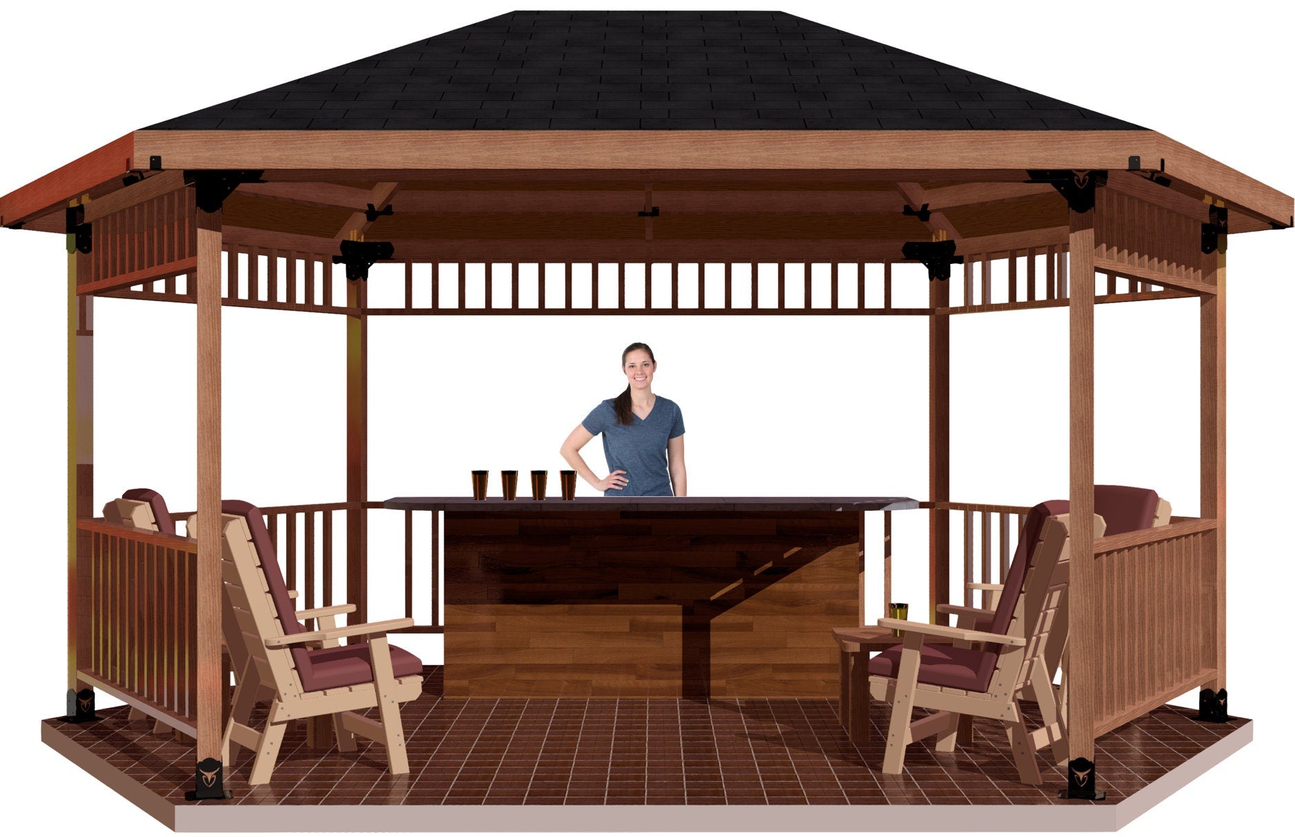 Elegant outdoor gazebo with hexagonal shape, wooden frame, and seating area, Hexagon Collection