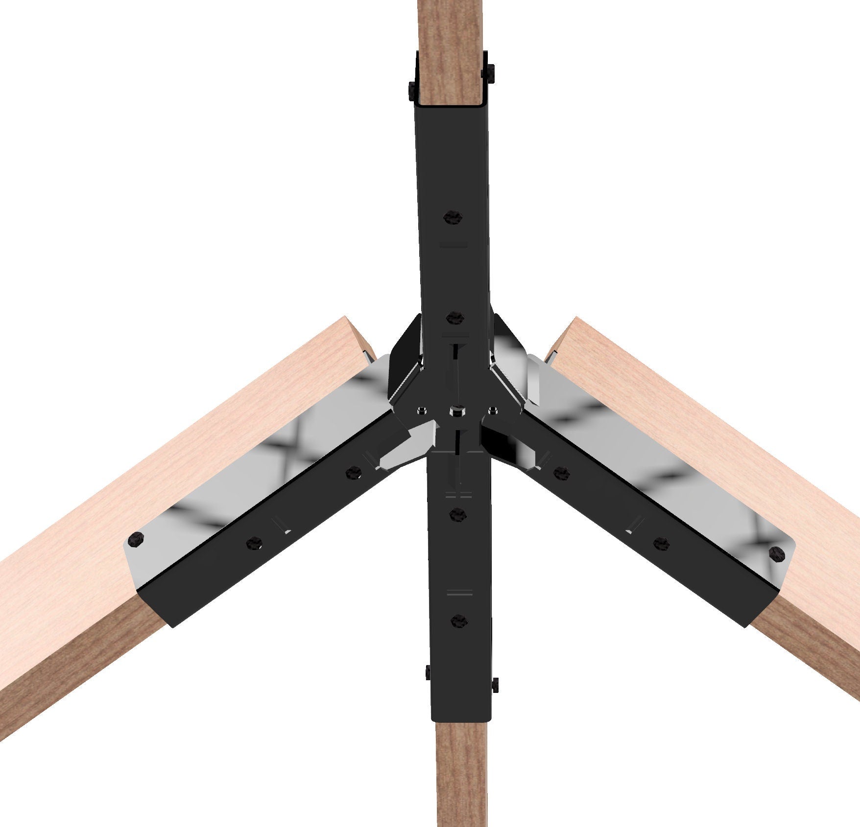 A close-up view reveals the assembly of roof rafters connected by black metal brackets, highlighting construction techniques and design features used in roof construction.