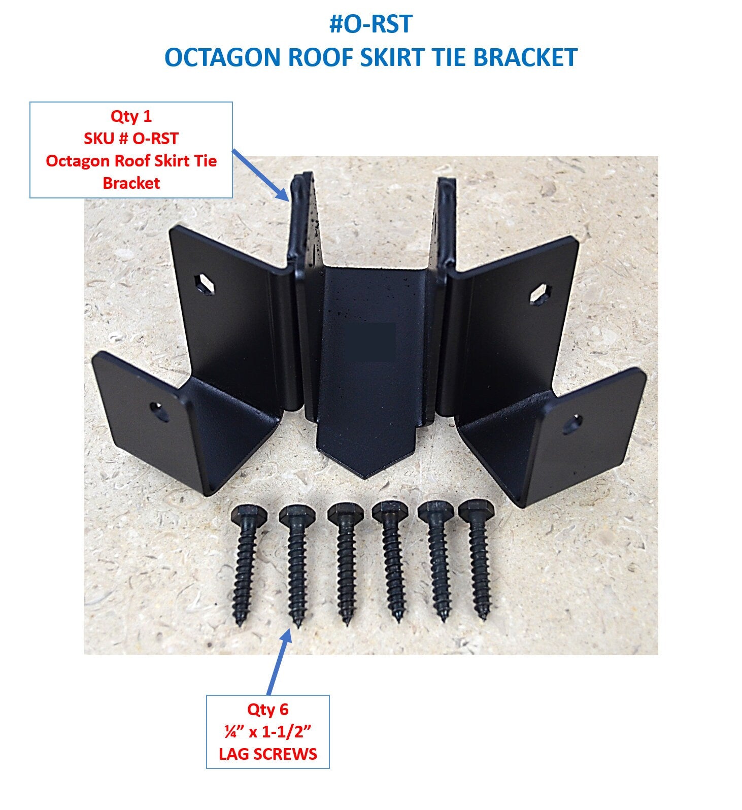 The octagon roof skirt bracket is displayed, with clear labels outlining the quantity and type of screws needed for secure installation. Ideal for construction projects.