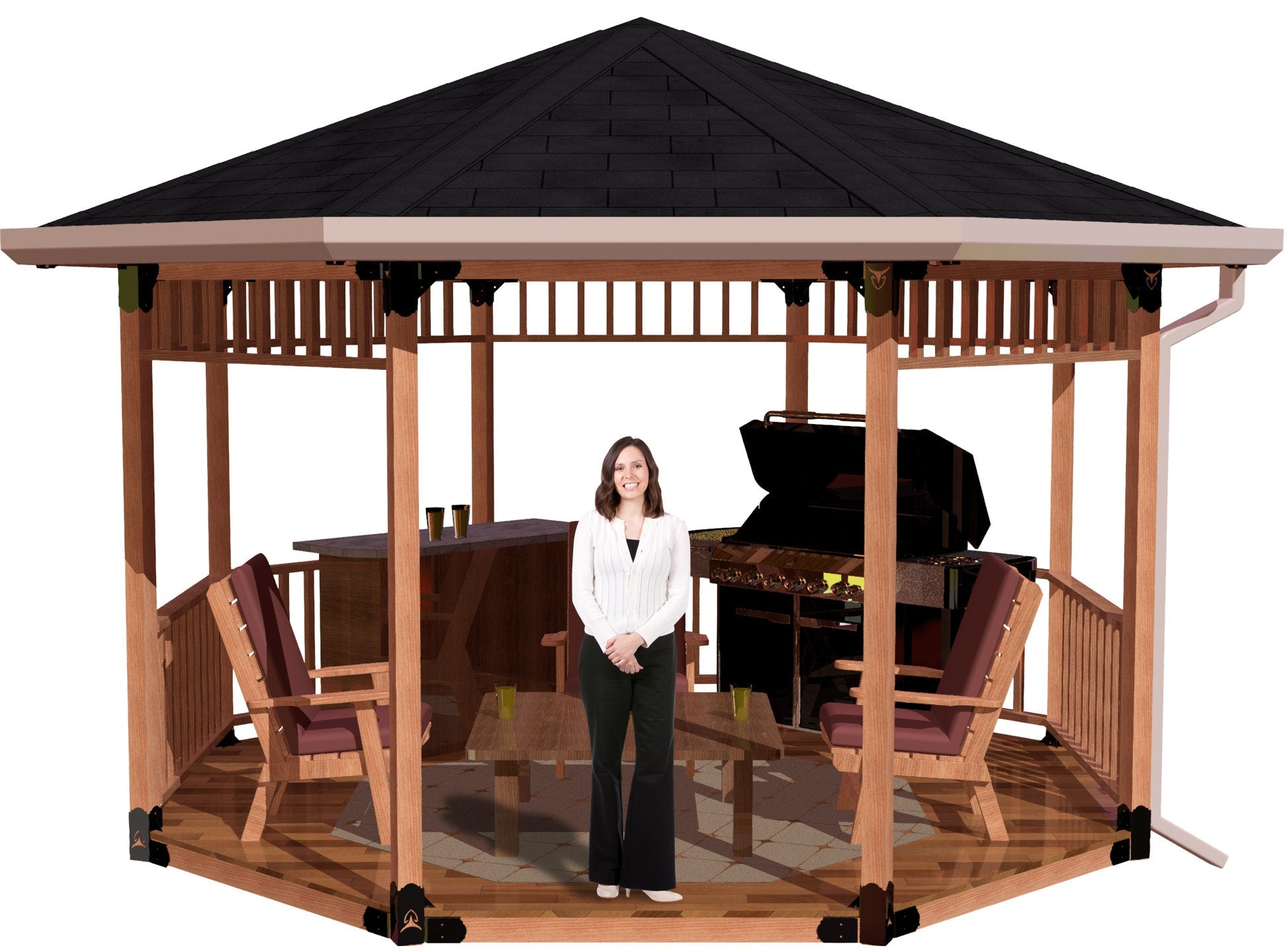 A woman smiles while standing in a beautifully designed gazebo. The structure includes cozy seating and a barbecue grill, ideal for outdoor gatherings and relaxation.