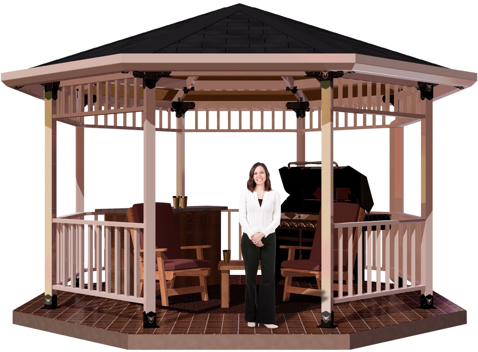 A woman smiles while standing in a beautifully designed gazebo. The structure includes cozy seating and a barbecue grill, ideal for outdoor gatherings and relaxation.