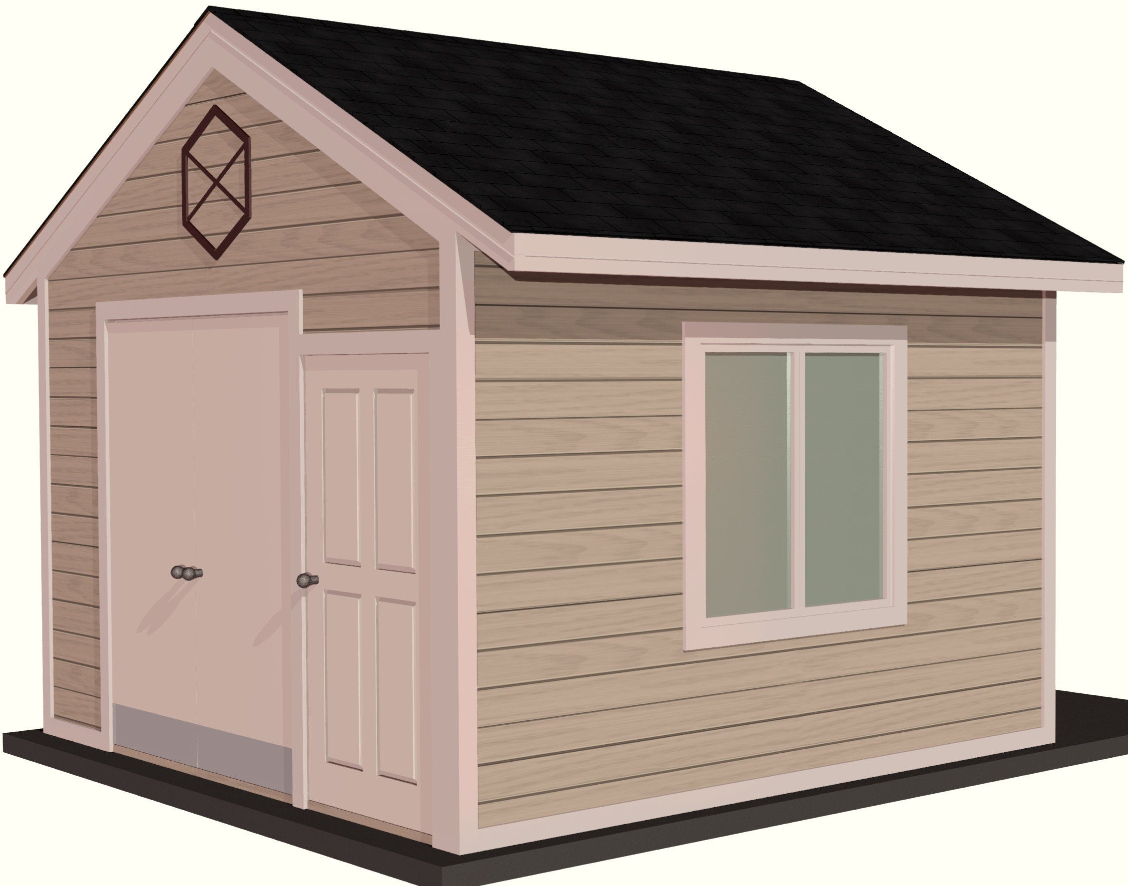 This garden shed showcases a contemporary design with a gable roof, double doors, and a large window, ideal for outdoor storage and workspace.