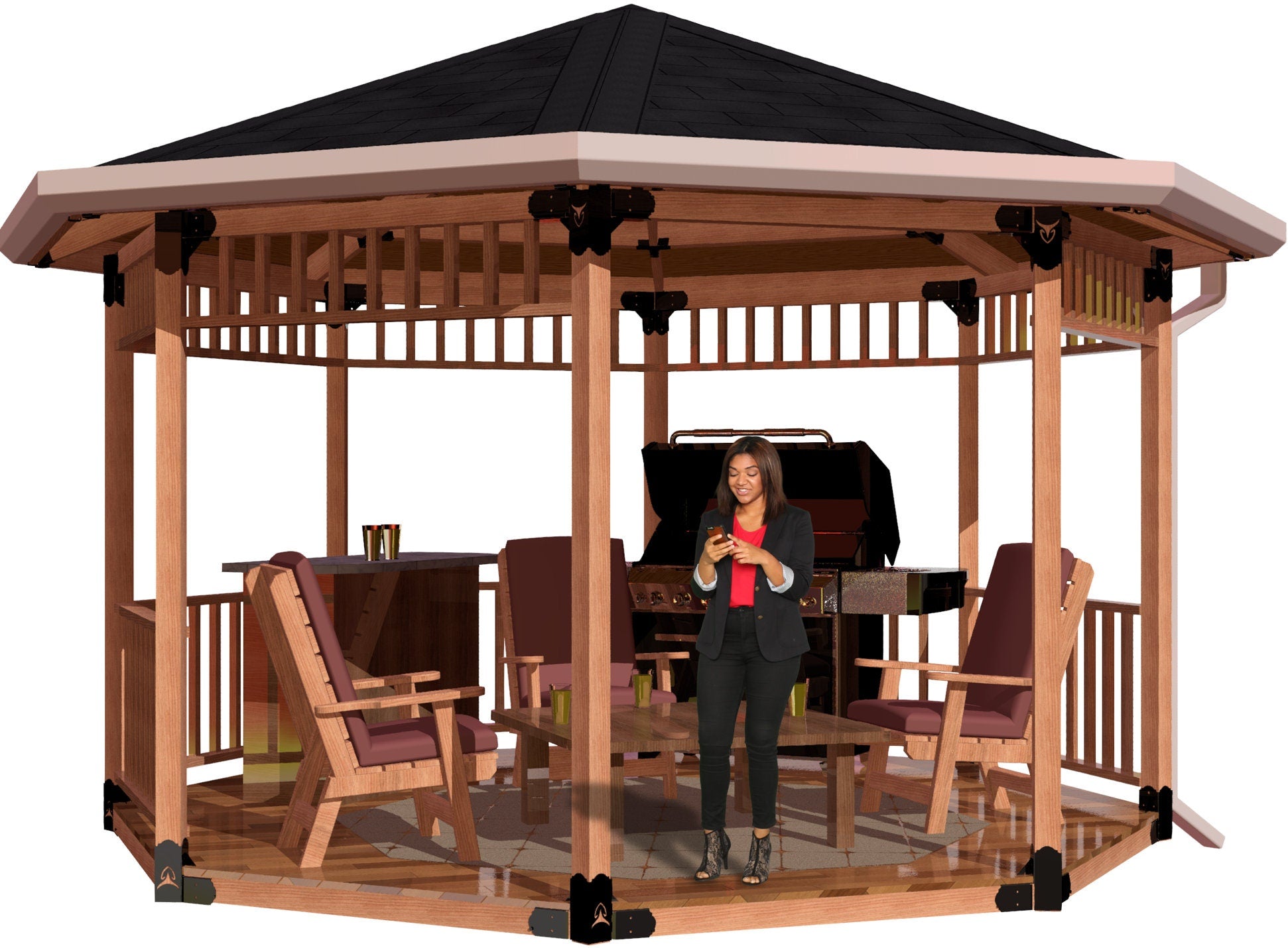 A woman stands inside a gazebo featuring outdoor seating, a barbecue grill, and decorative elements in a sunny backyard setting