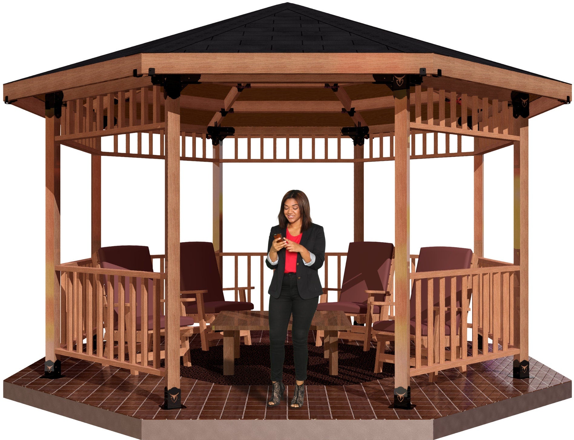 A woman enjoys her new gazebo with comfortable seating and a grill in a peaceful outdoor setting during sunny weather