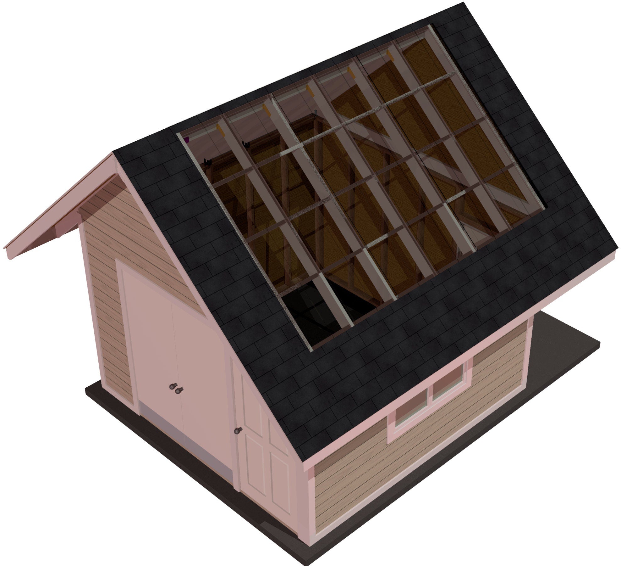 This small greenhouse model highlights the construction process, displaying a distinctive roof structure and visible interior framework. The design emphasizes sturdy materials and craftsmanship.