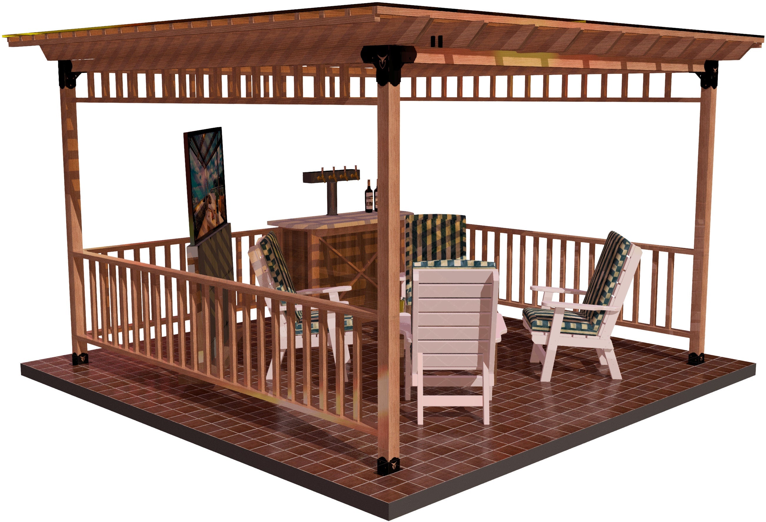 DIY 4x4 Rectangle Pergola Kit for Outdoor Bliss with Solid Roof, Shopify product image featuring a wooden outdoor pergola structure with a solid roof, railings, and furniture accessories. , RioOutdoors.com