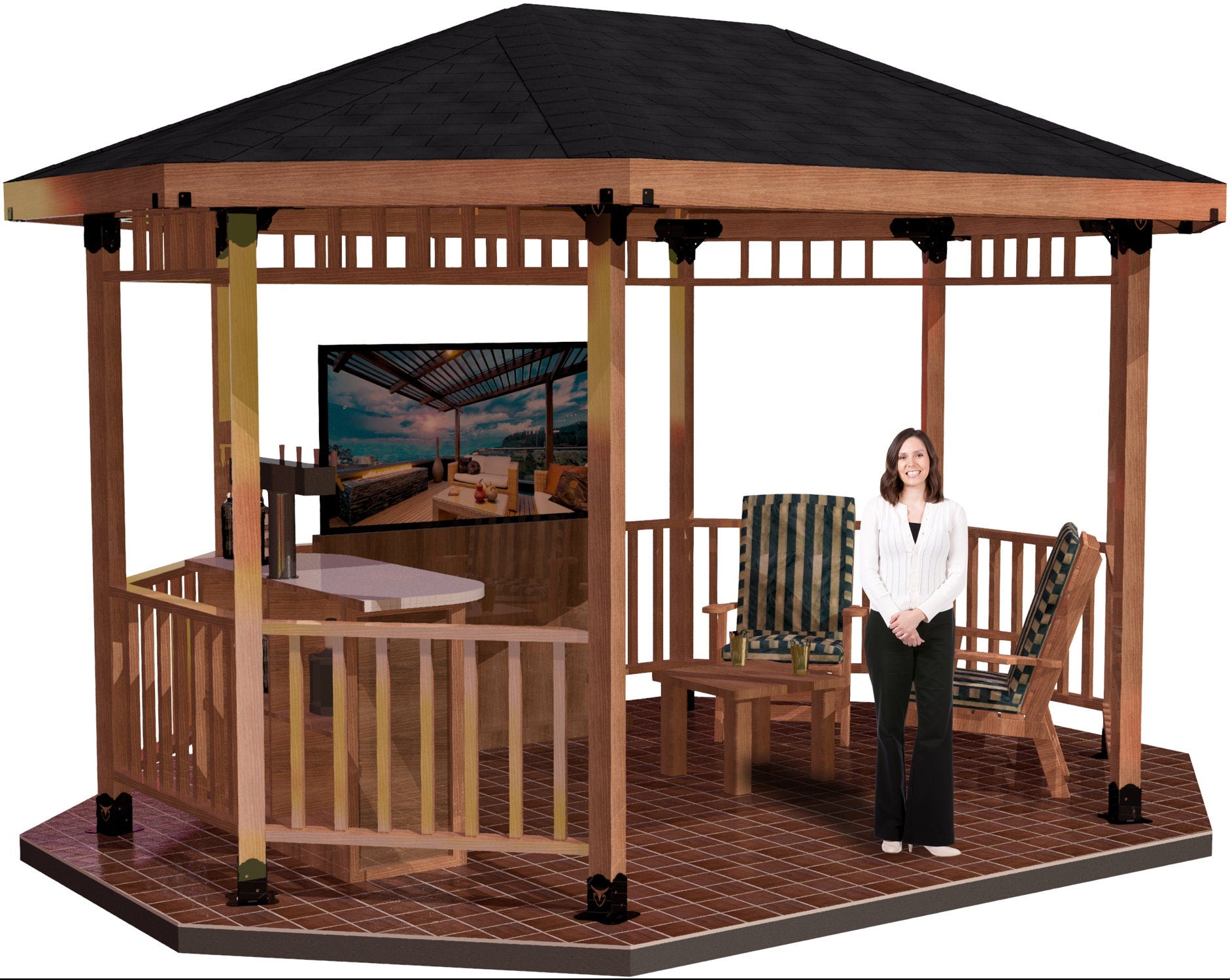 A woman stands before a 4x4 Linear Octagon Pavilion gazebo, highlighting its architectural beauty in a peaceful outdoor scene.