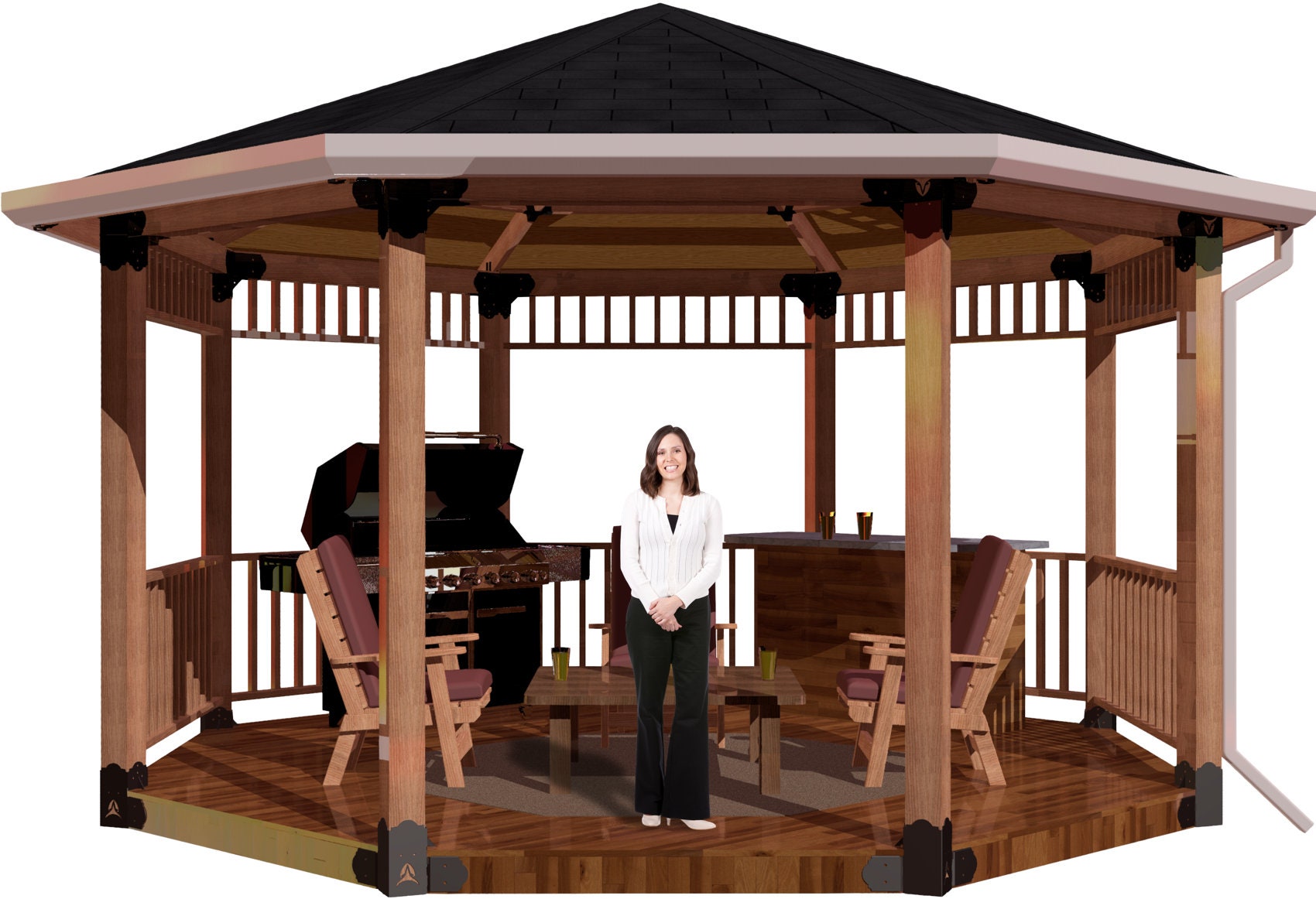 A woman smiles while standing in a beautifully designed gazebo. The structure includes cozy seating and a barbecue grill, ideal for outdoor gatherings and relaxation.N