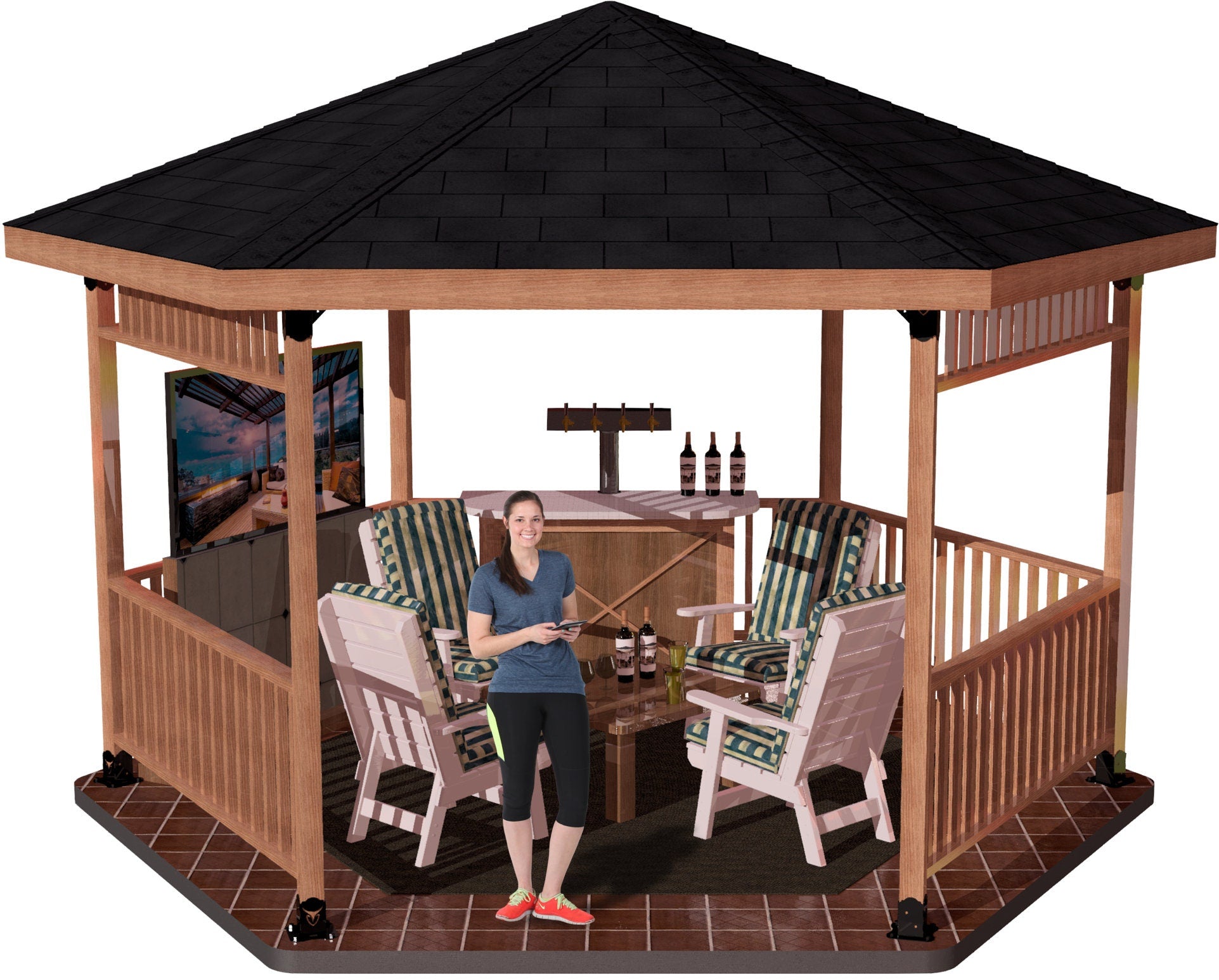 A woman stands inside a spacious wooden gazebo, giving a thumbs up while surrounded by cozy chairs, a table, and a bar. It’s a beautiful day outdoors.