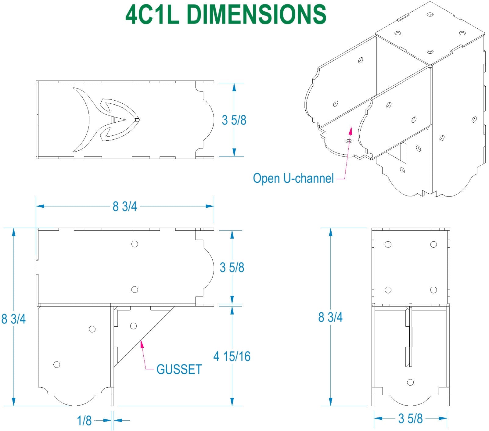 technical drawing of a 90 degree elbow bracket labeled 4C1L Dimensions