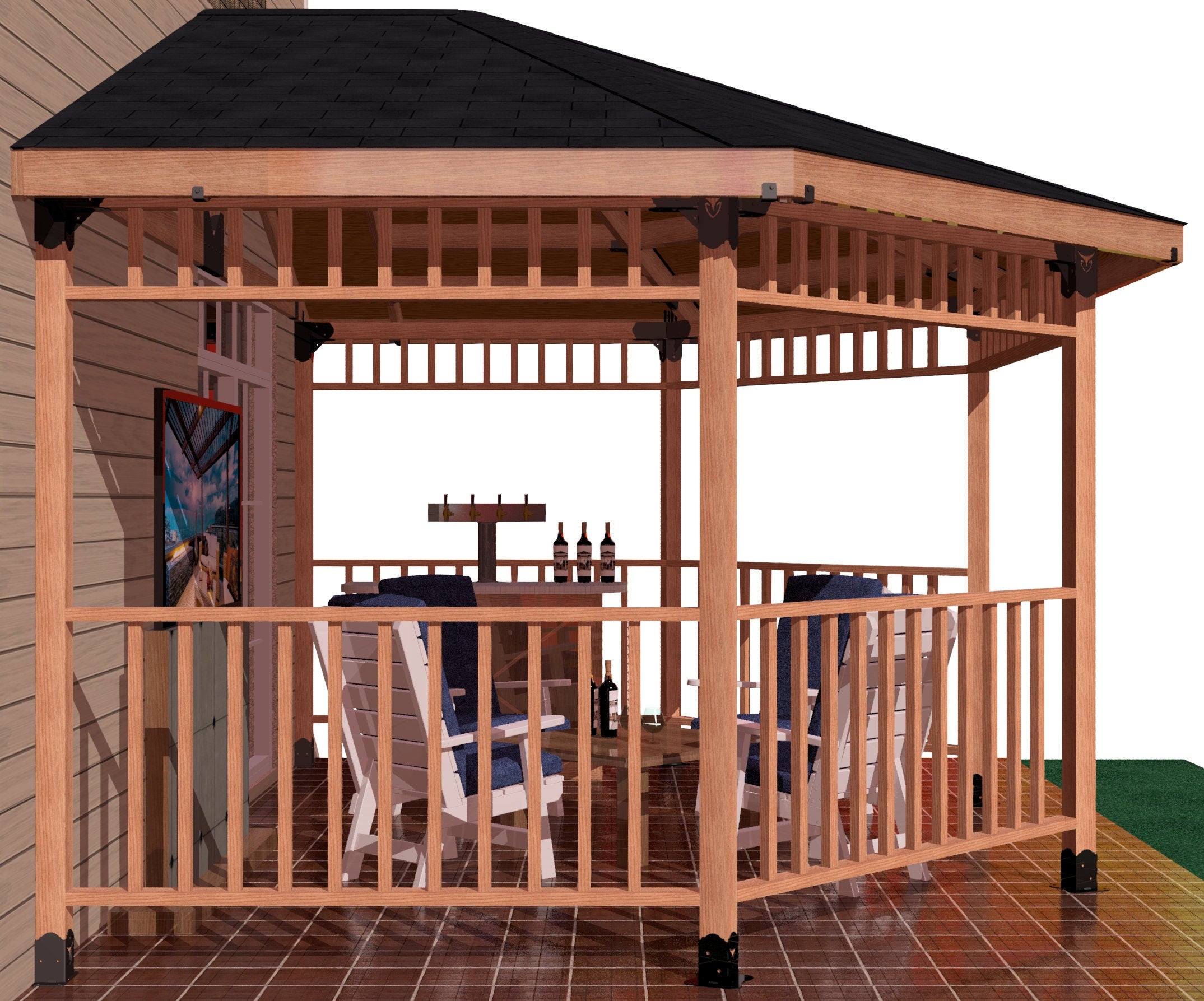 A picturesque gazebo featuring a patio and several chairs, perfect for enjoying the outdoors in comfort.