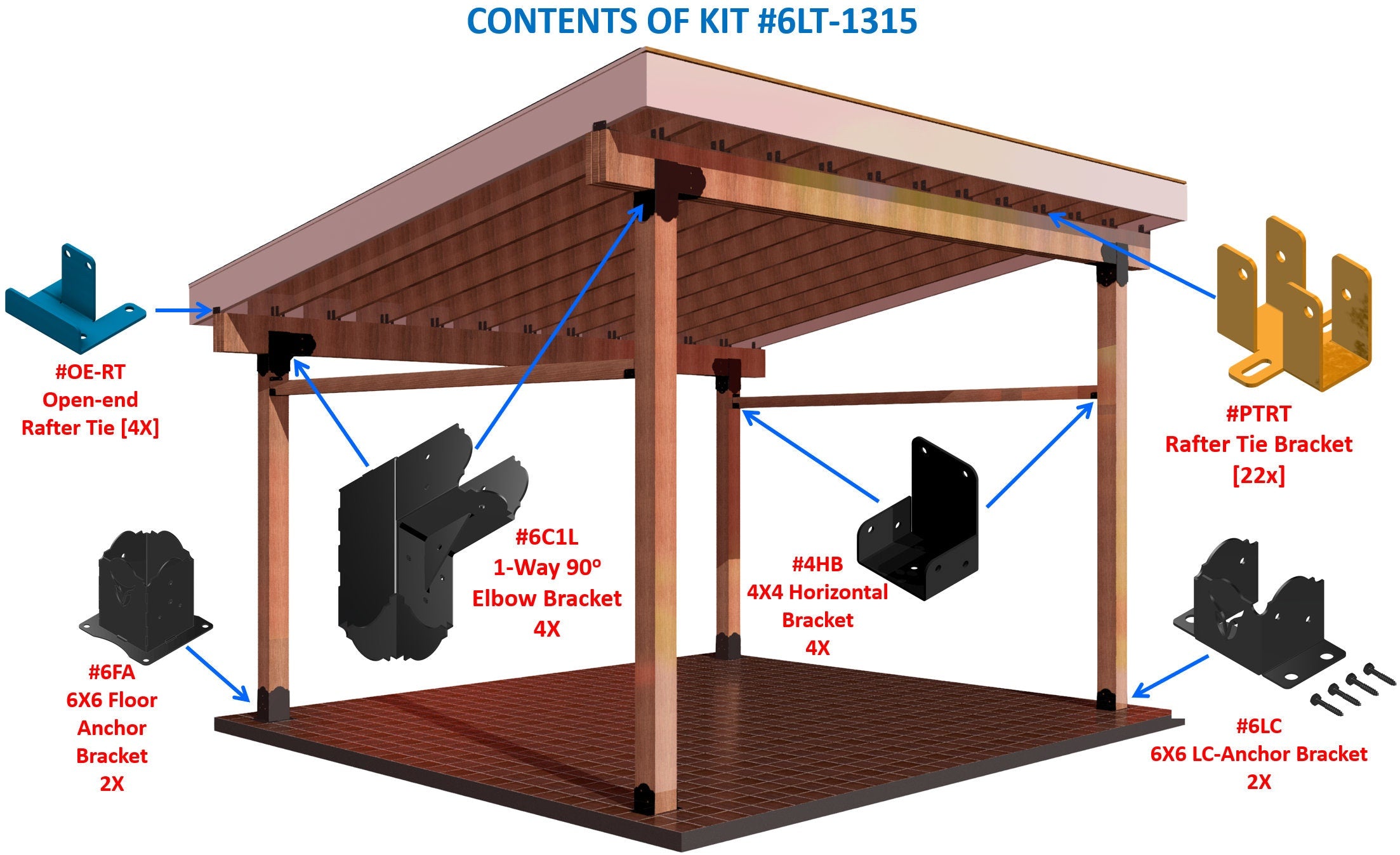 The structure features a wooden pergola with clear labeling for brackets and assembly parts, demonstrating how to build an outdoor retreat.