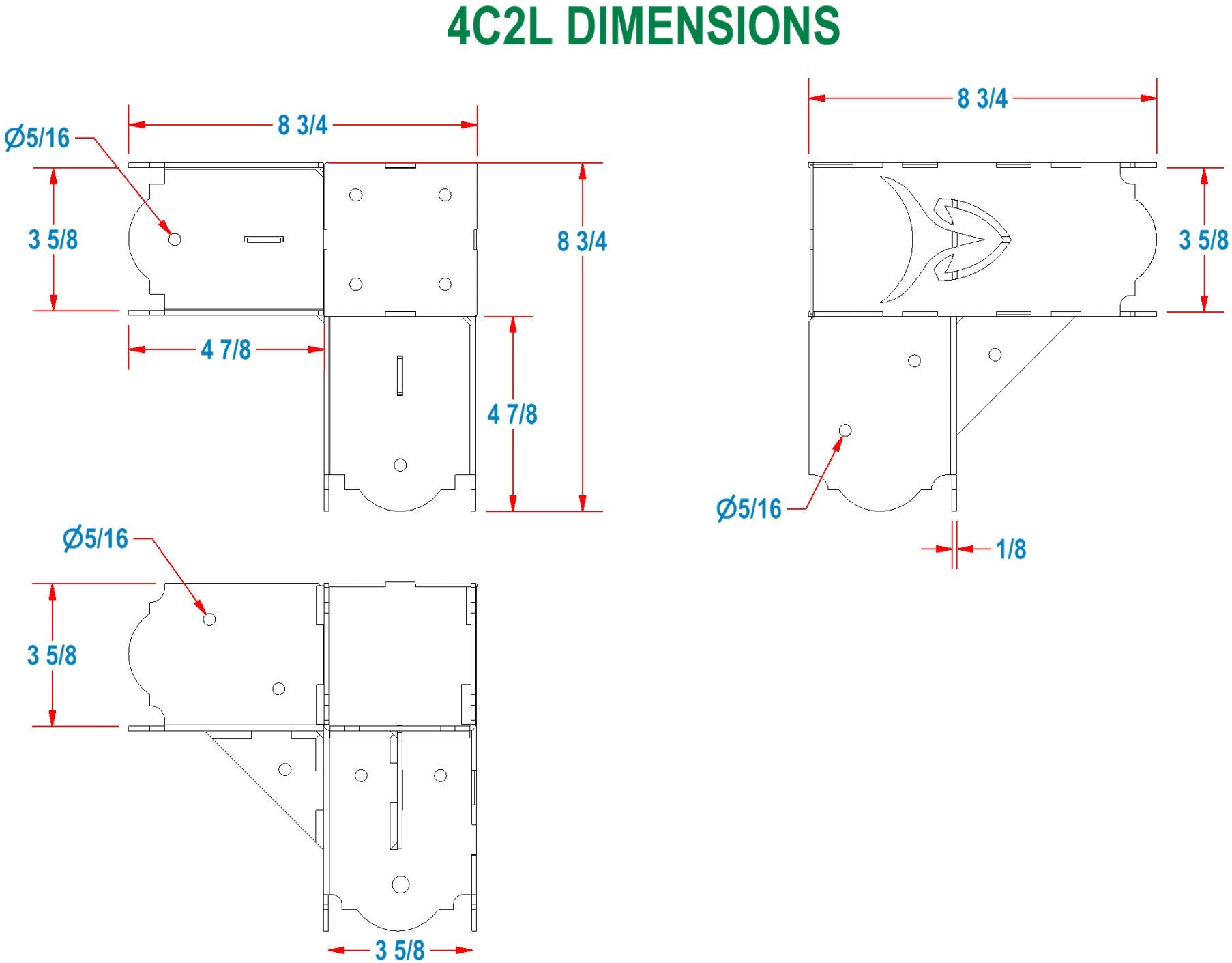 technical drawing of a 90 degree corner bracket labeled 4C2L Dimensions