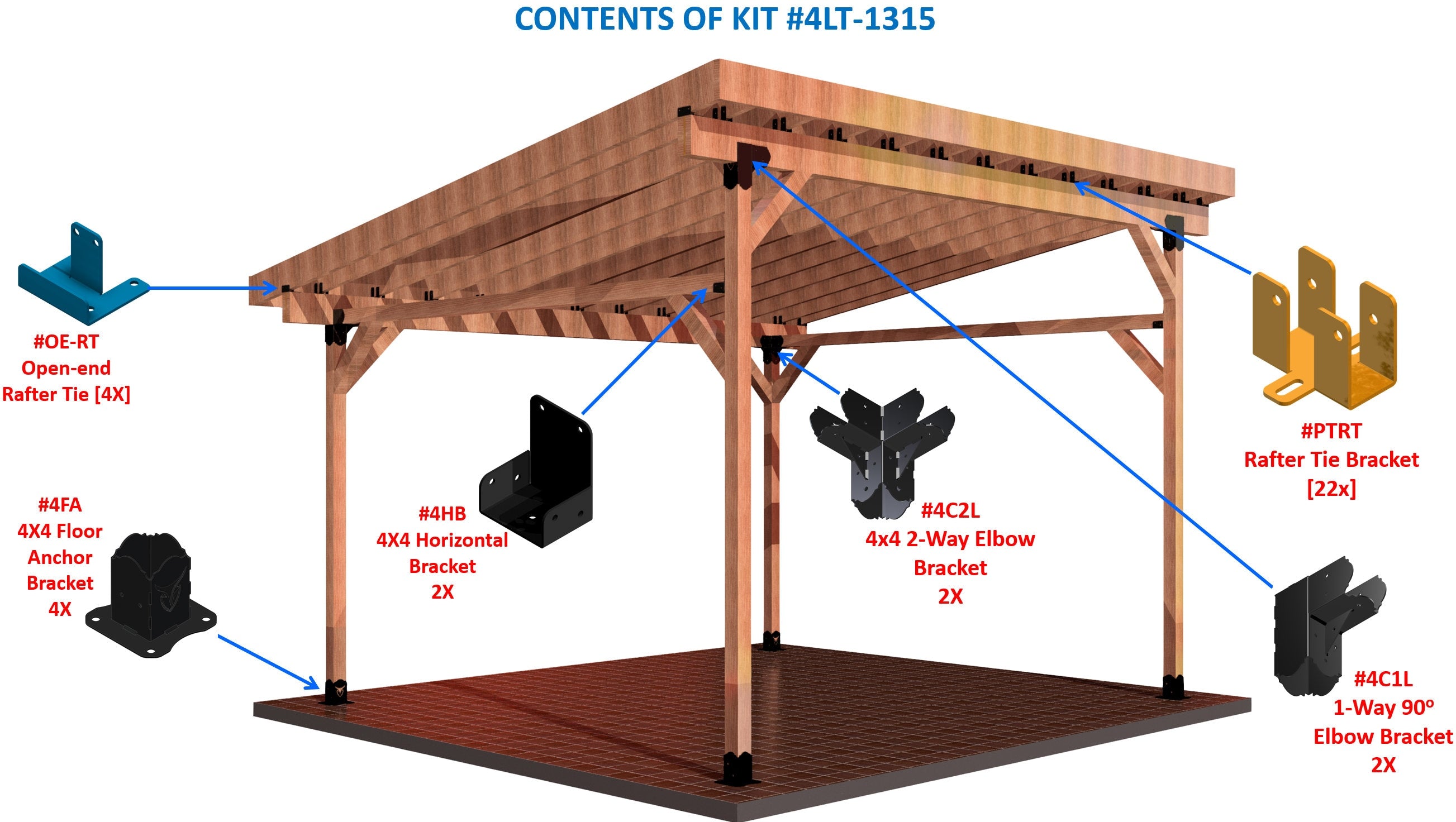 The structure features a wooden pergola with clear labeling for brackets and assembly parts, demonstrating how to build an outdoor retreat