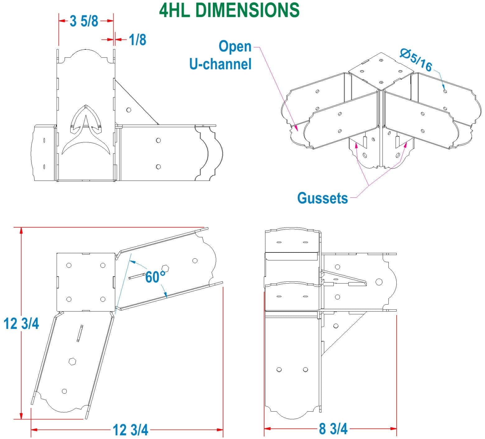 technical drawing of a 60 degree corner bracket labeled 4HL Dimensions