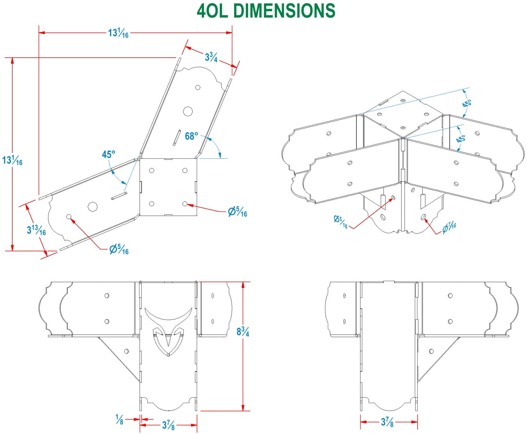 technical drawing of a 45 degree corner bracket labeled 4OL Dimensions