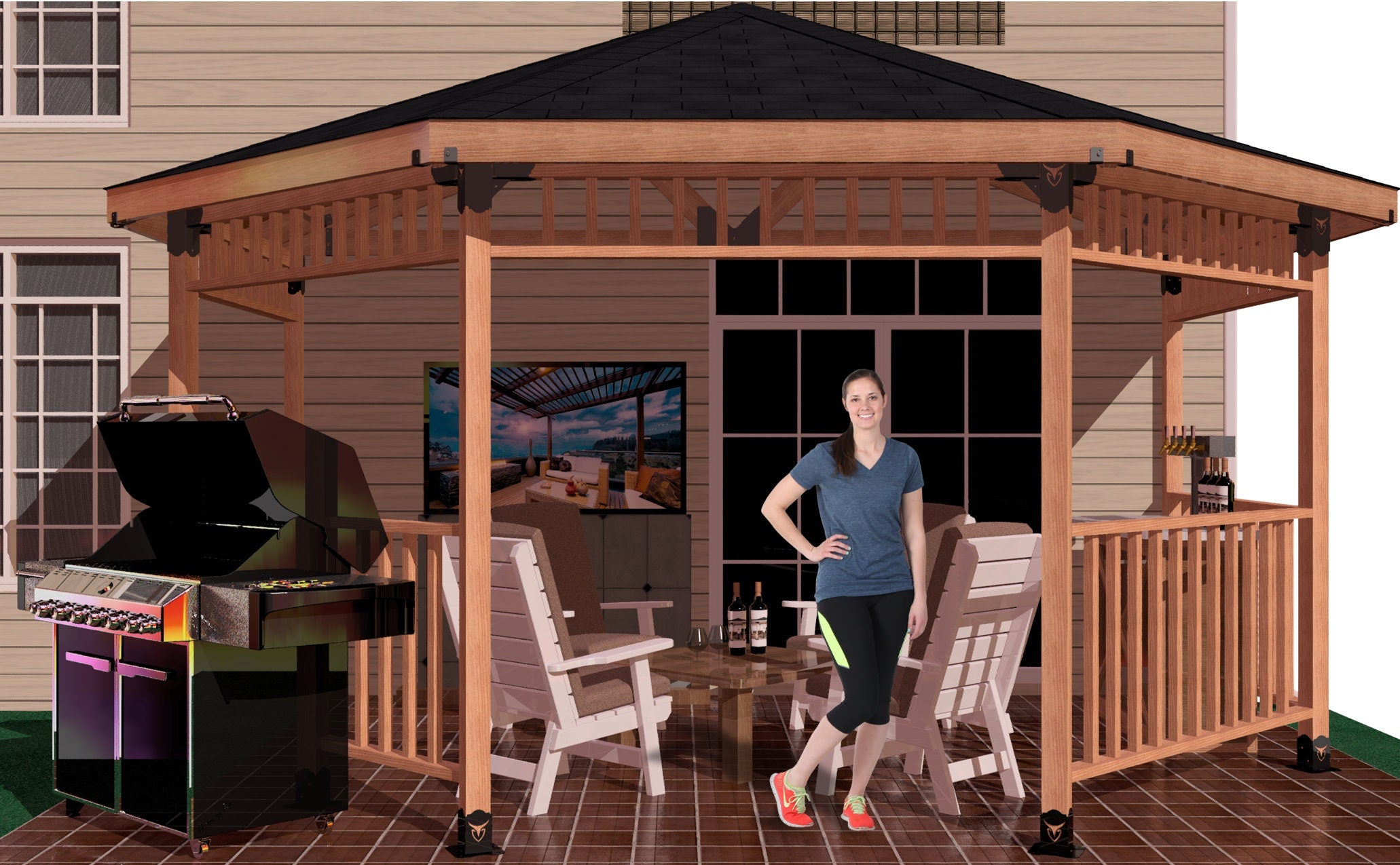 A woman stands in front of a gazebo, showcasing a tranquil setting with natural beauty and inviting architectural design