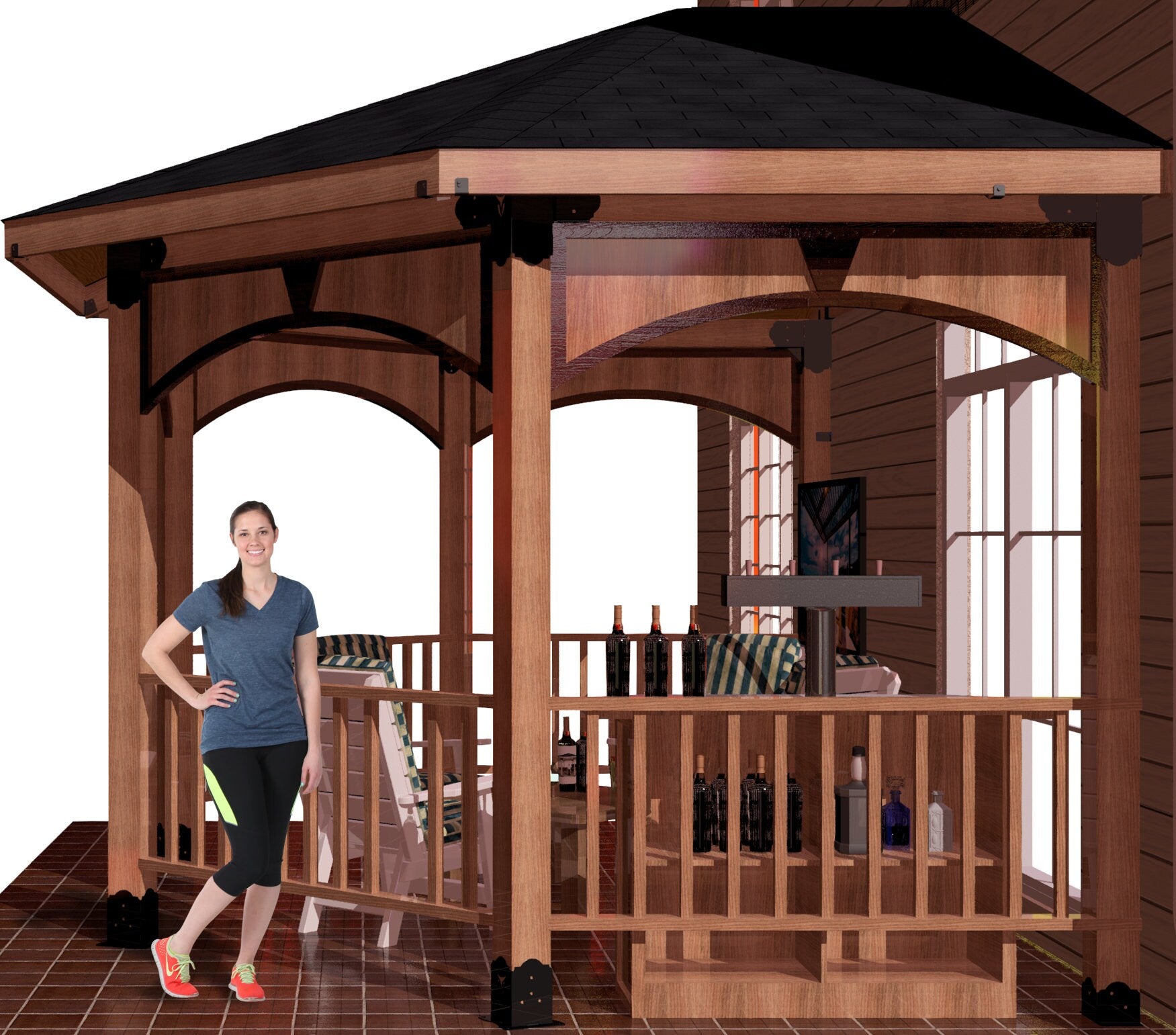 A woman stands in front of a 6x6 partial octagon gazebo, showcasing a charming outdoor setting.