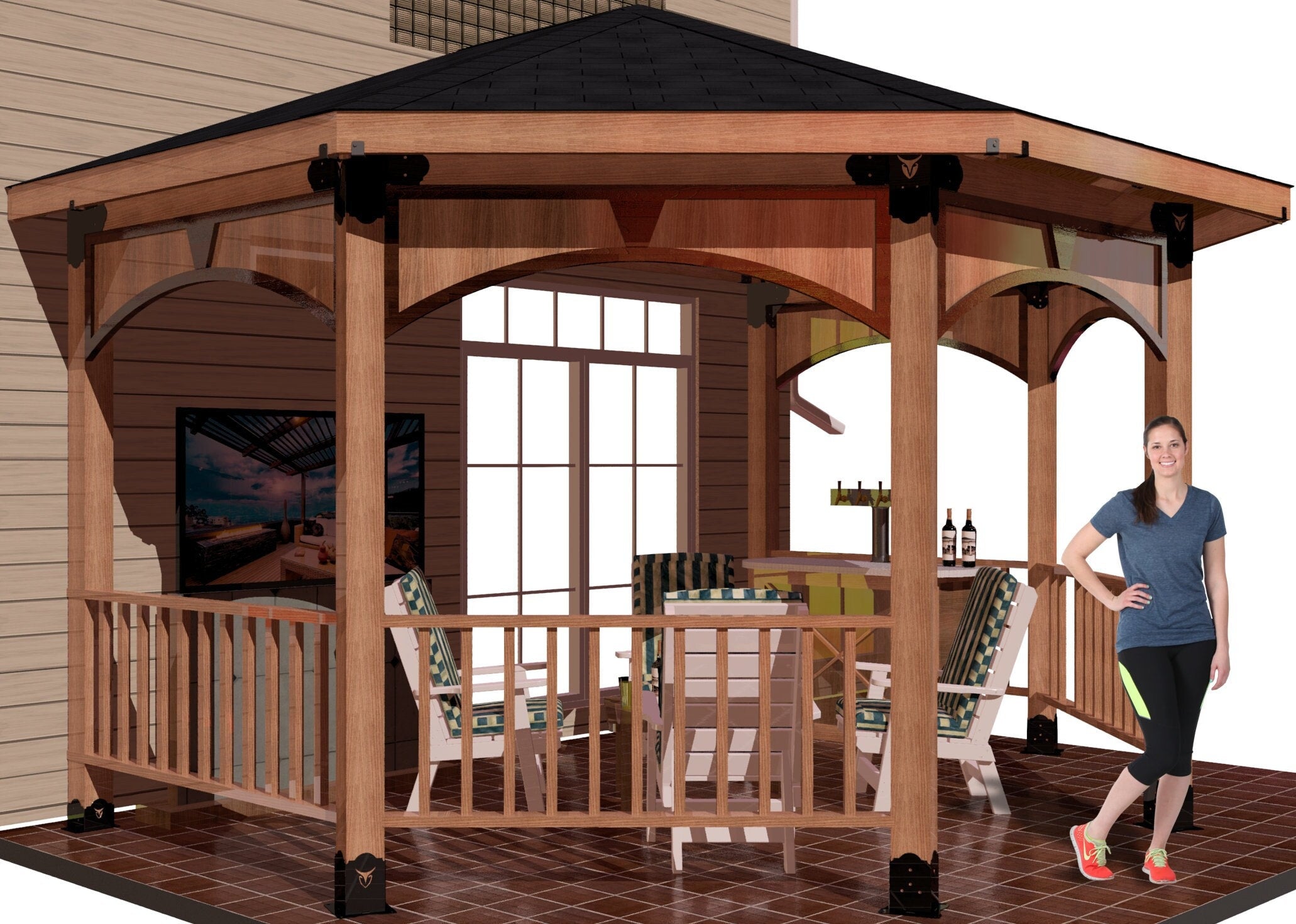 A woman stands in front of a 4x4 partial octagon gazebo, showcasing a charming outdoor setting.