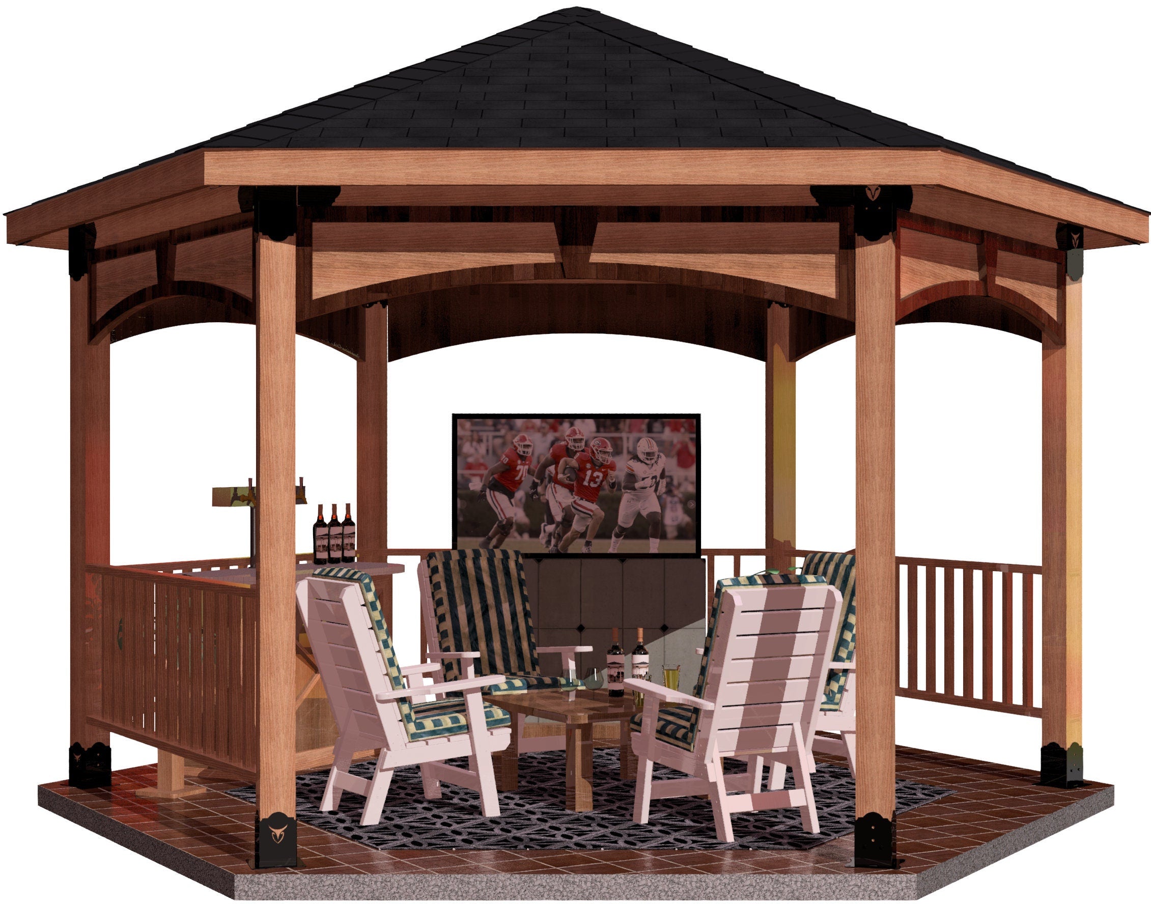 Elegant wooden gazebo with hexagonal roof and covered patio area, Hexagon Collection