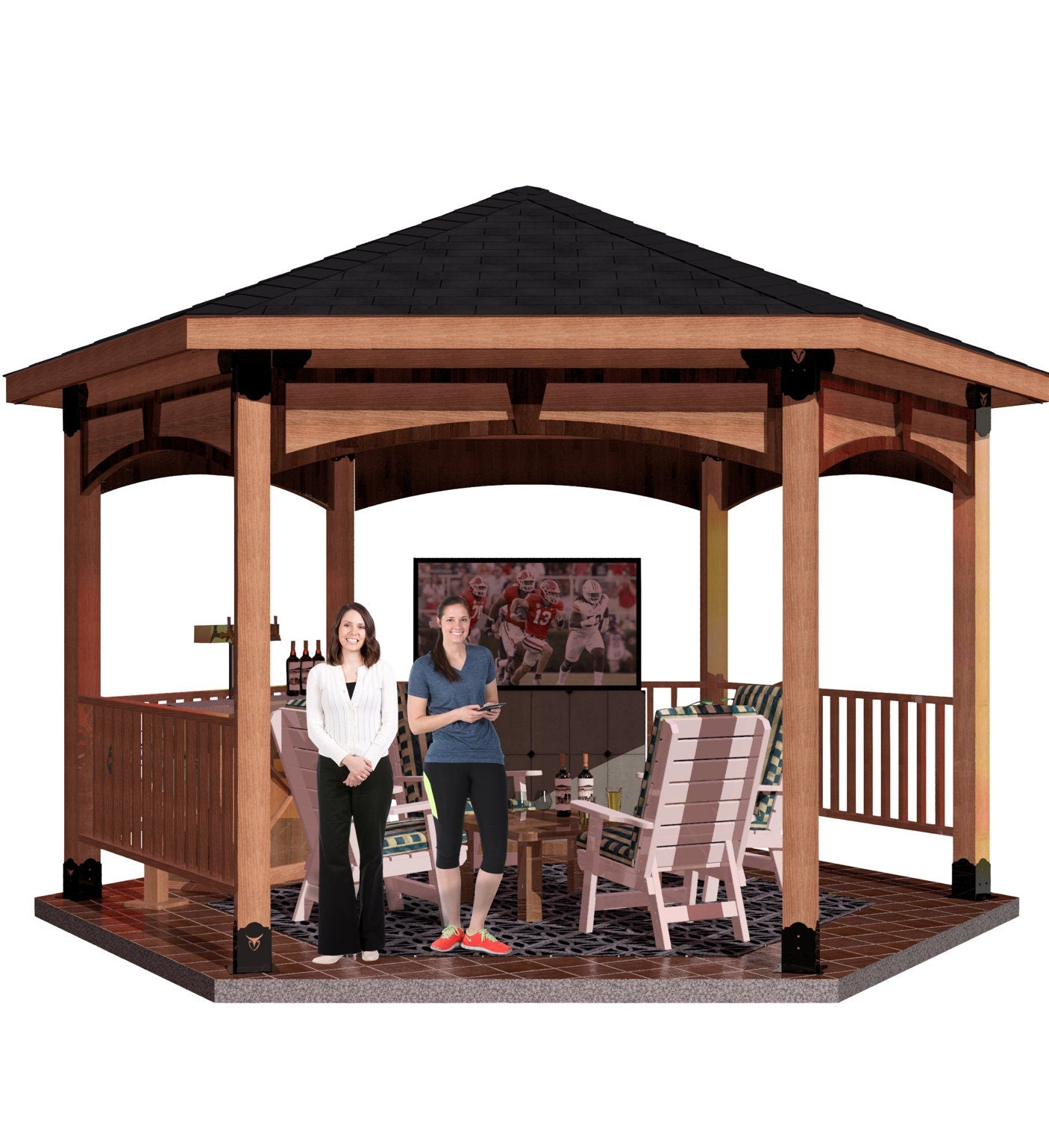 A couple stands together in front of a 6x6 surface-mounted DIY hexagon gazebo, enjoying a moment outdoors.