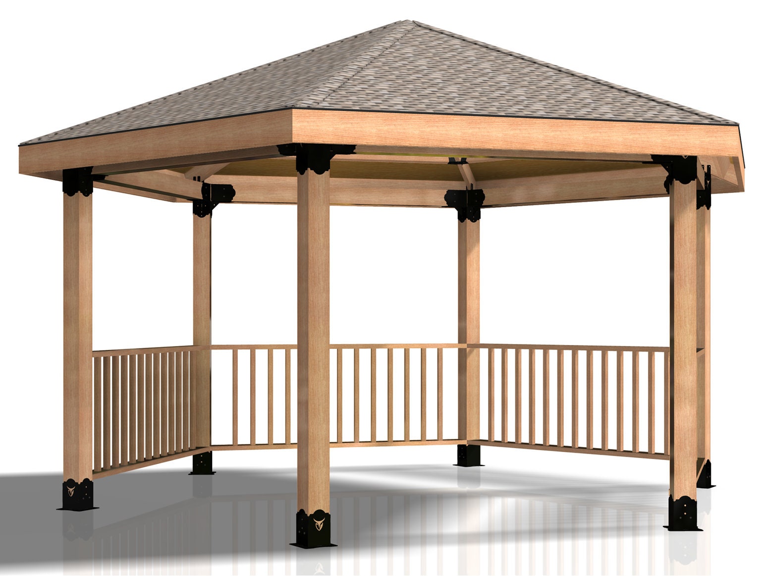 A 6x6 DIY hexagon gazebo featuring a roof and railing, crafted from wood, ideal for outdoor relaxation.