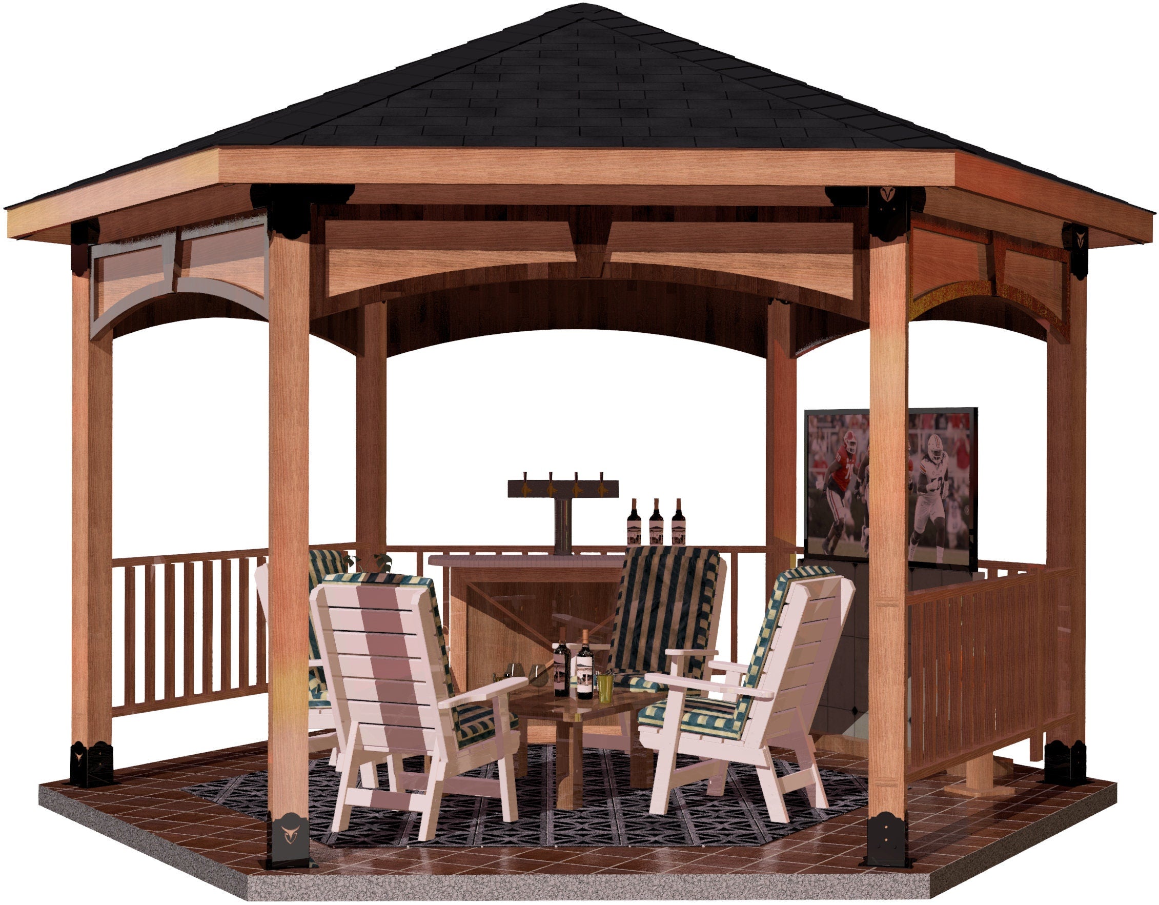 A 6x6 surface-mounted DIY hexagon gazebo featuring chairs and a table, perfect for outdoor gatherings.