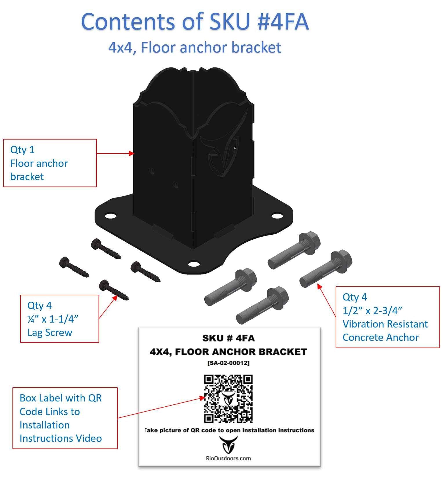 The assembly guide shows the components of a floor anchor bracket kit. It includes items like the bracket, screws, and concrete anchors, along with QR link for instructions.