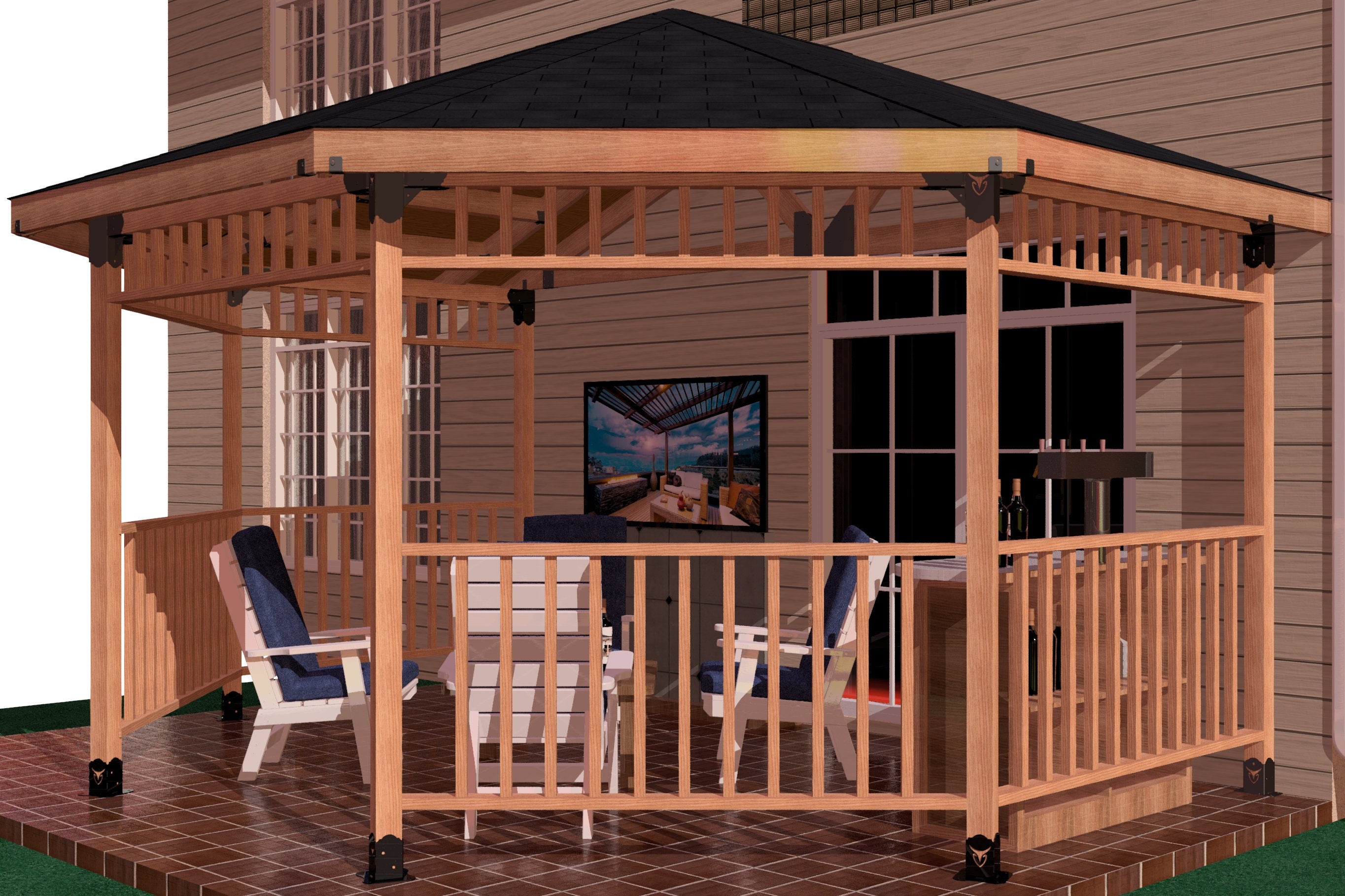 This inviting outdoor lounge area showcases a wooden structure with comfortable seating, a table, and a large screen, perfect for summer entertainment and relaxation.