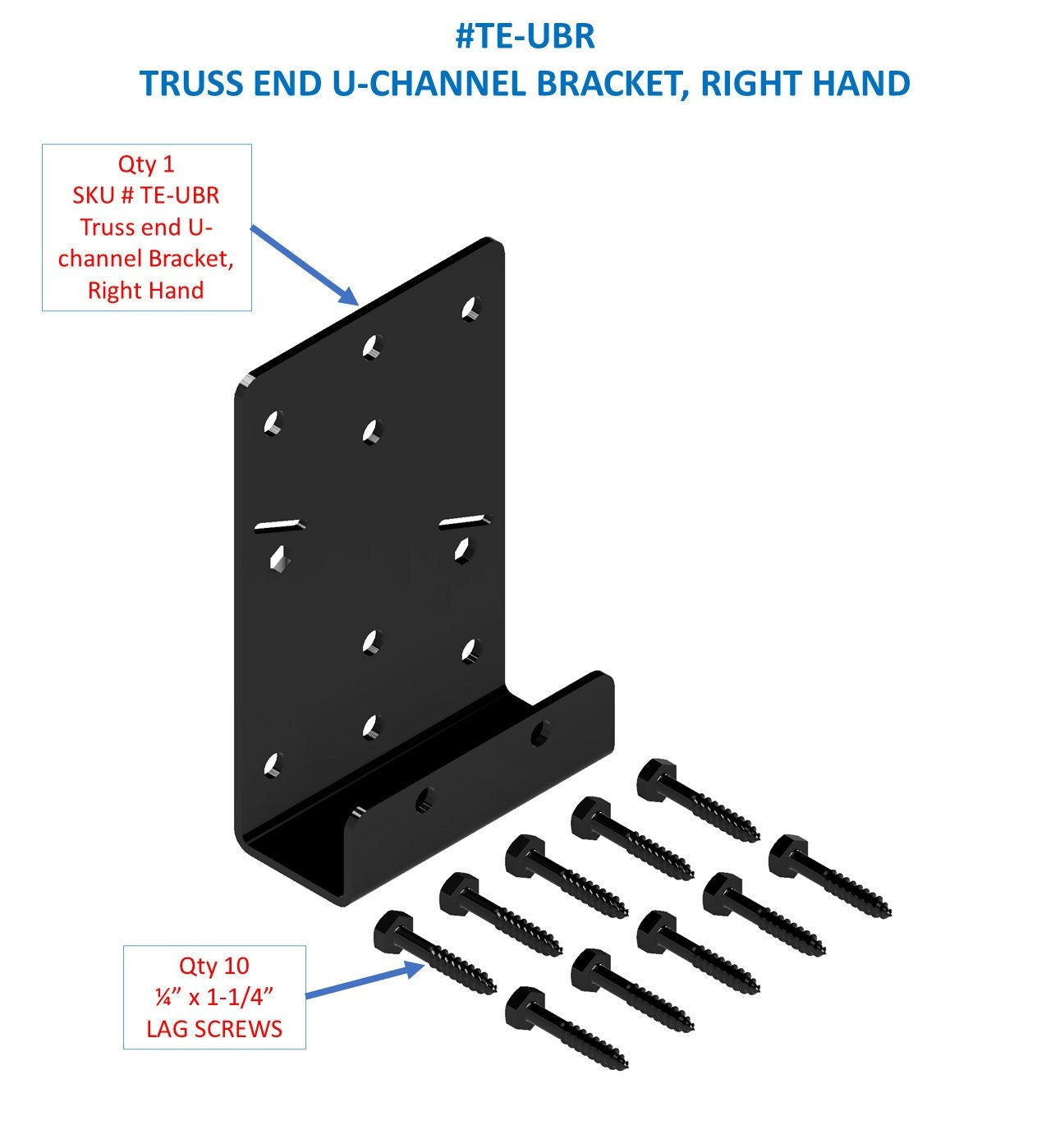 The illustration provides a clear view of a right-hand U-channel bracket, showcasing its design and the ten included lag screws for installation purposes.