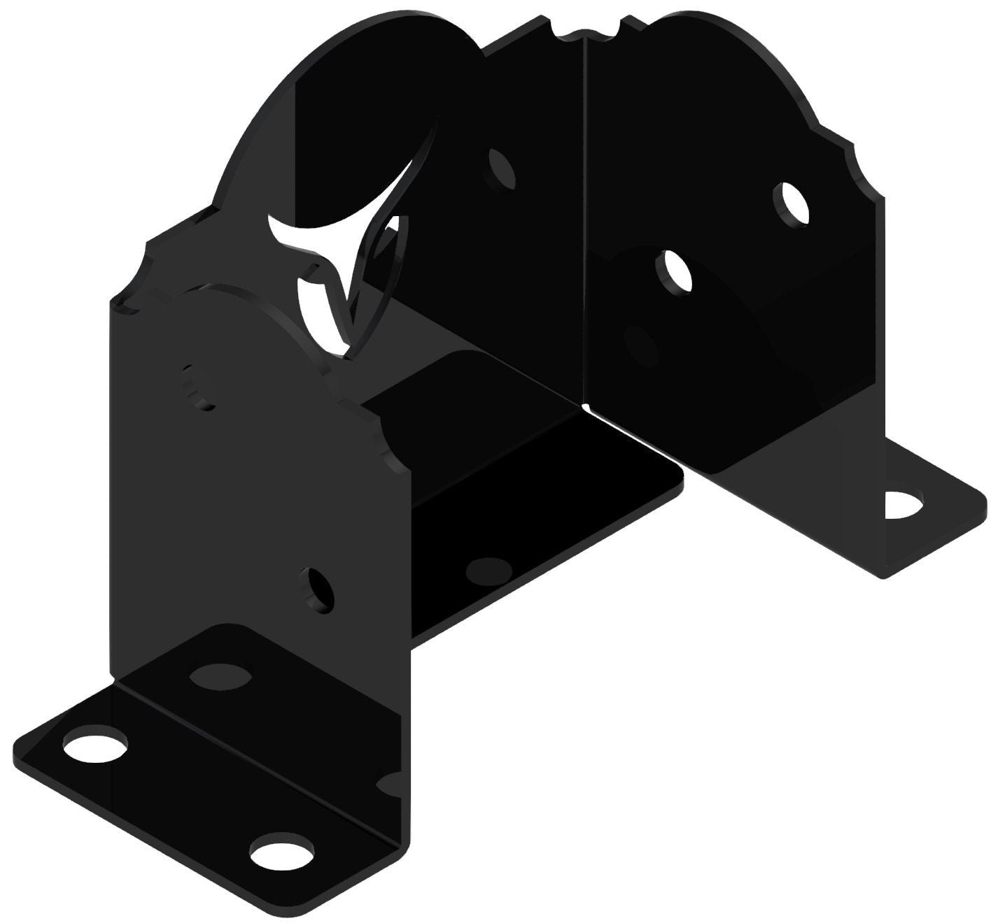 Heavy-duty black metal bracket with holes, designed for secure anchoring of 4x6 posts.