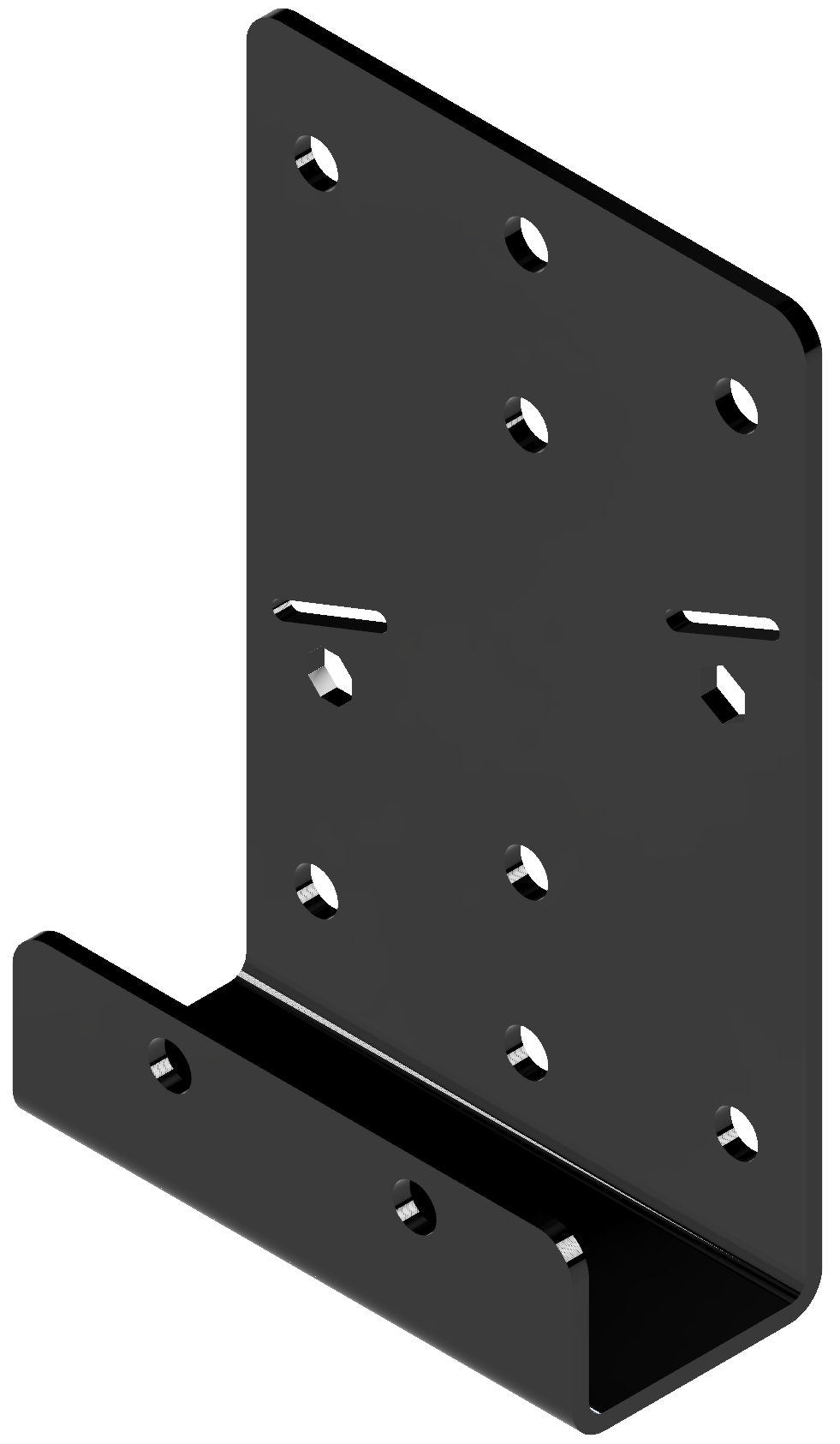 This black metal corner bracket provides reliable support for various construction and woodworking tasks, featuring multiple holes for easy fastening and installation.