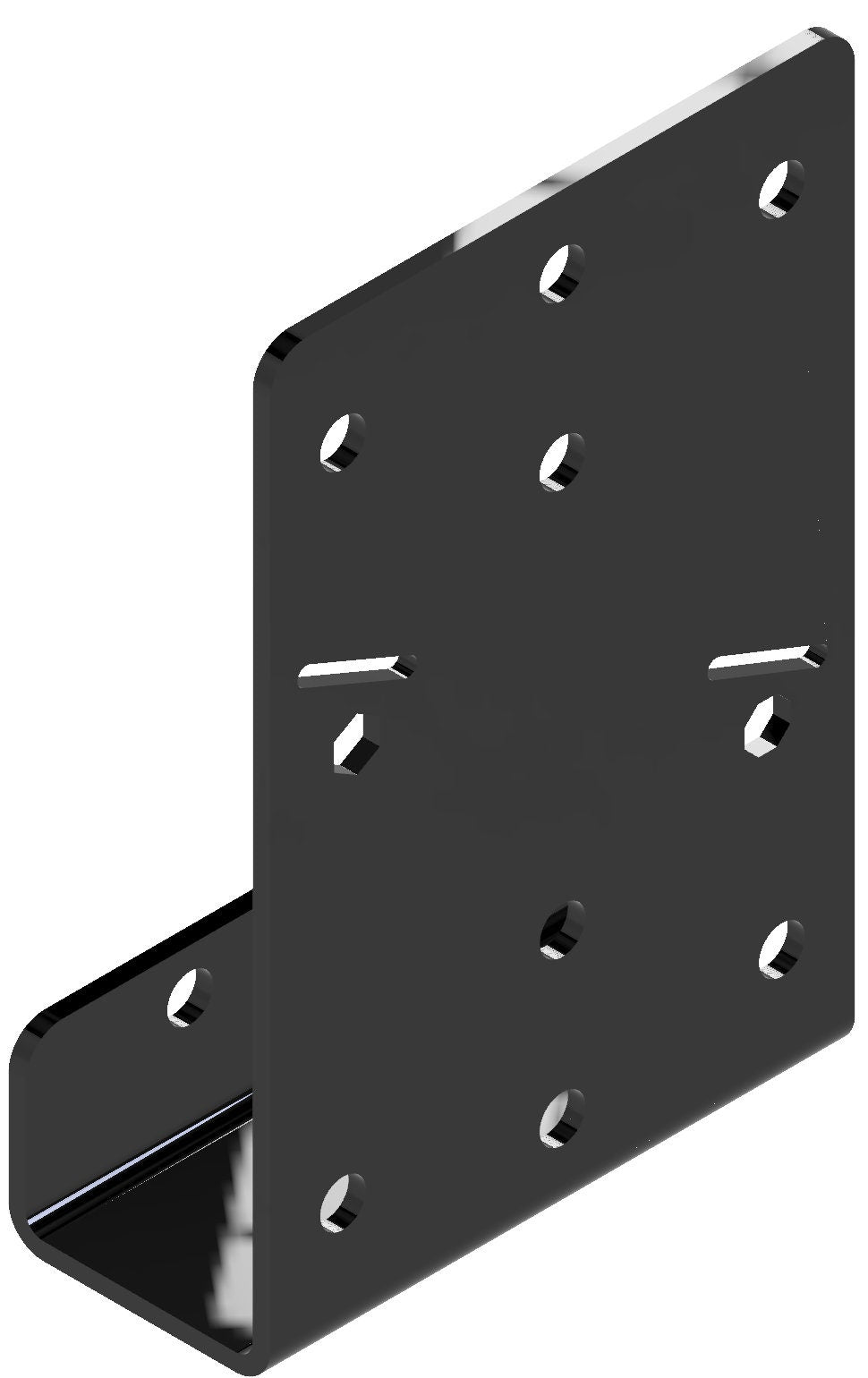 This black metal corner bracket provides reliable support for various construction and woodworking tasks, featuring multiple holes for easy fastening and installation.